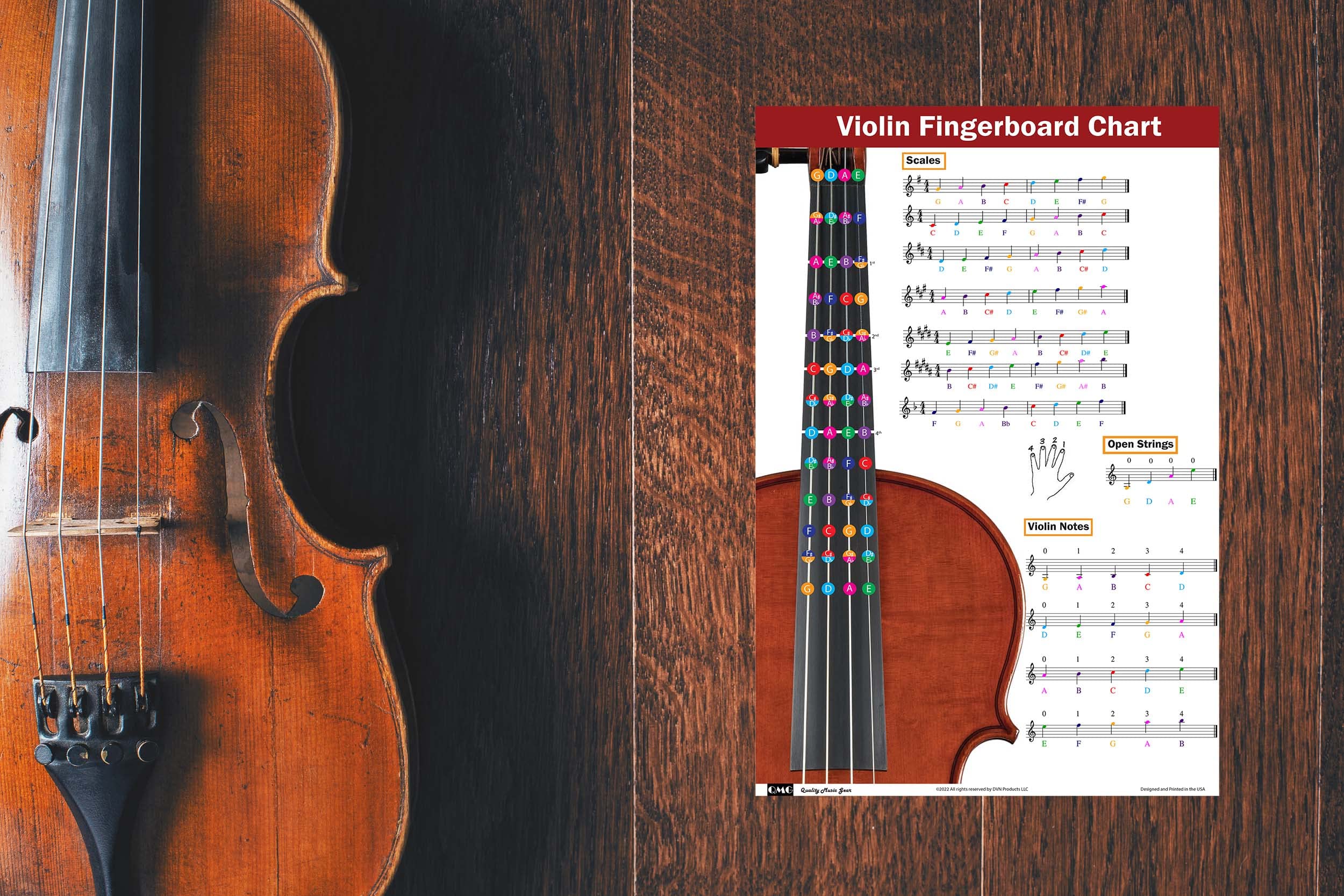 QMG Violin Fingering Chart with Color-Coded Notes, Learn Violin Scales Techniques Suitable for All Levels - Image 7