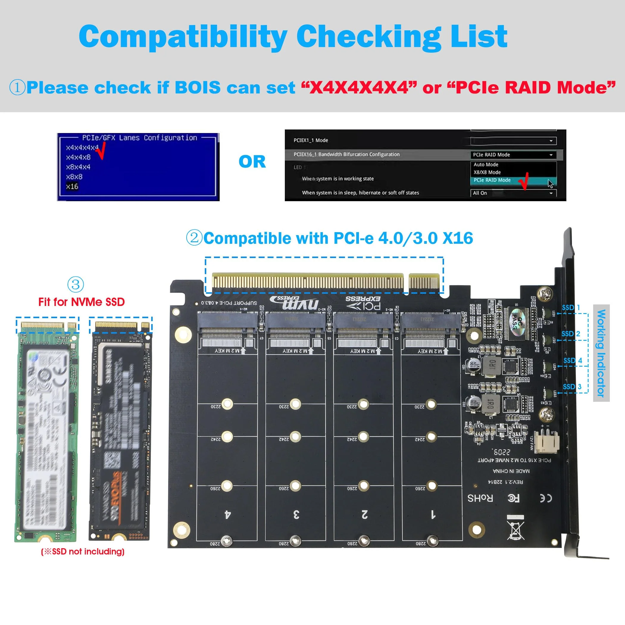 Quad NVMe PCIe Adapter, RIITOP 4-Port NVMe to PCI-e 4.0/3.0 x16 Expand Controller Card with Heatsink for 2280/2260/2242/2230 M.2 NVMe SSD (PCI-e Bifurcation Required) - Image 2