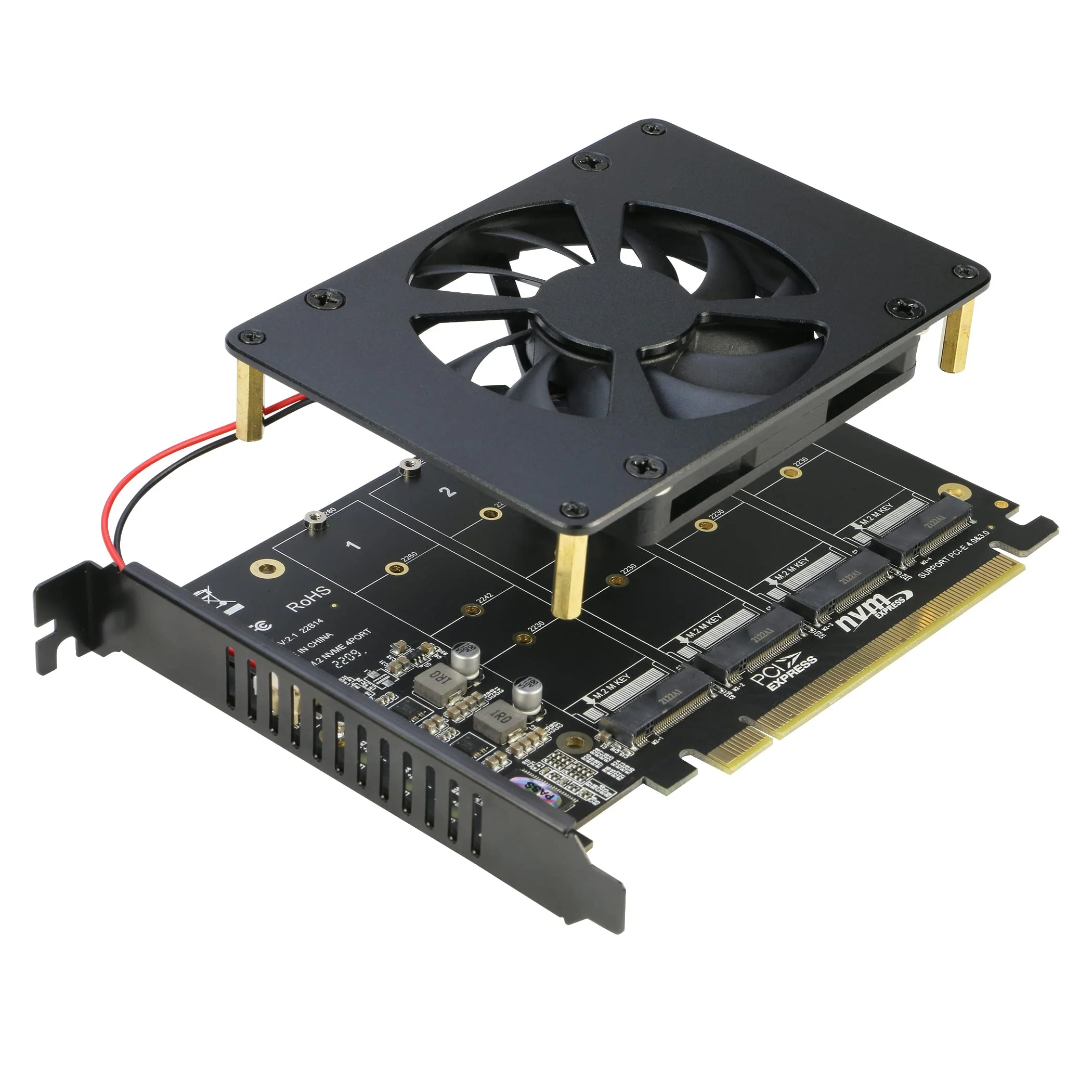 Quad NVMe PCIe Adapter, RIITOP 4 Ports M.2 NVMe SSD to PCI-e 4.0/3.0 x16 Card with Fan Support 2280/2260/2242/2230 NVMe SSD (PCI-e Bifurcation Required) 4-Port