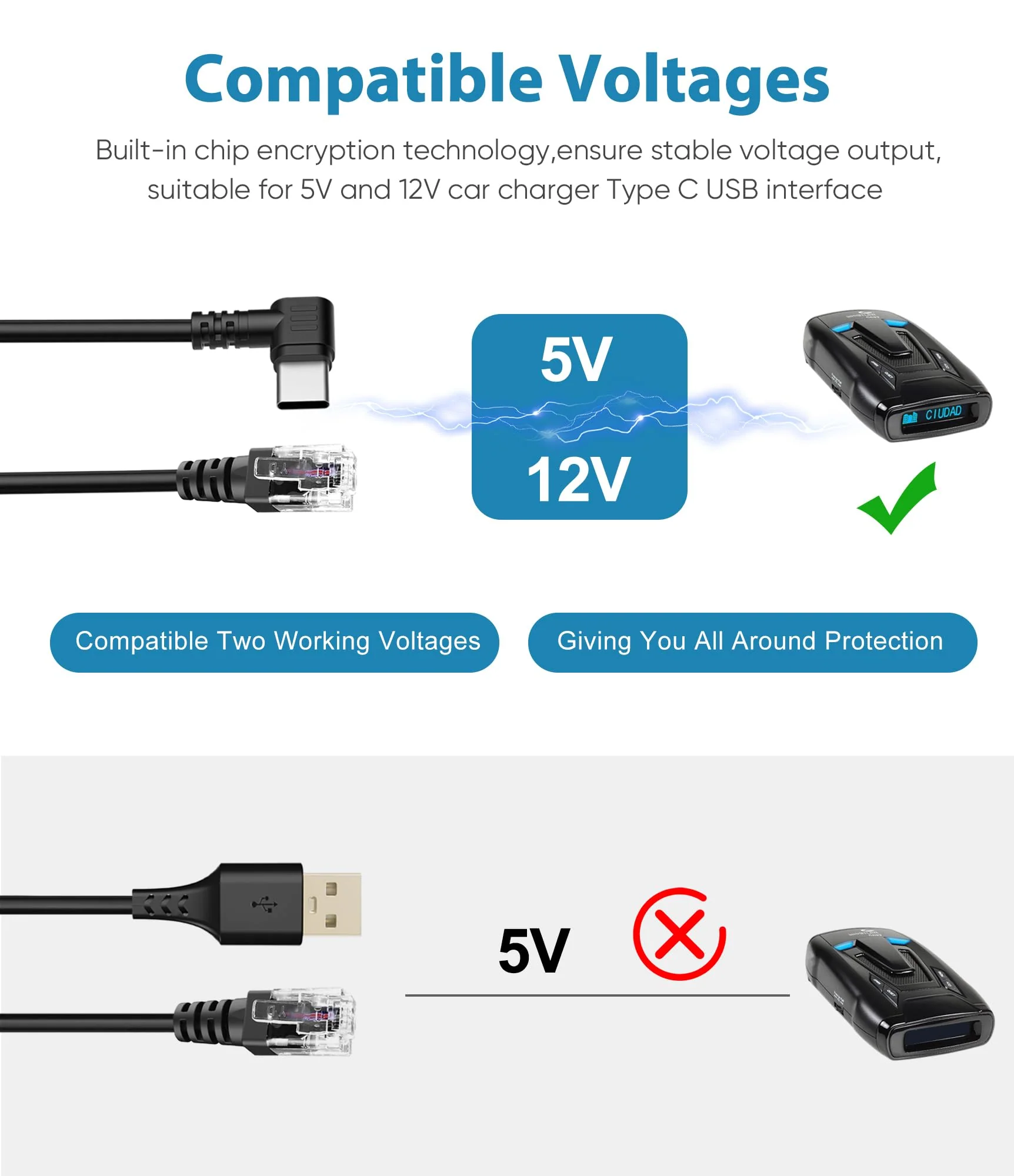 Radar Detector Cable with USB C to RJ11 Plug,Power Cable for Radar Detectors,USB 5V-12V Power Cable,for Escort Uniden Radenso XP Beltronics Cobra Whistler Radar Detector(RJ11-6.56FT) RJ11-6.56FT - Image 4