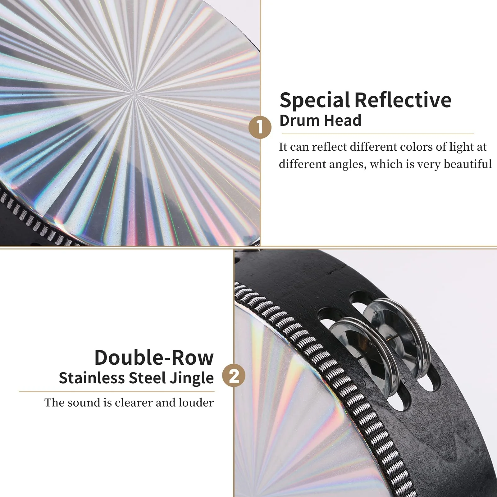 Radiant Tambourines, 10 inch Tambourine with Double Row Jingle Reflective Hand Drum Percussion Handheld Drum Bell Musical Instrument Hand Held Percussion for Adults Church, KTV, Party, Games 10 inches - Image 5