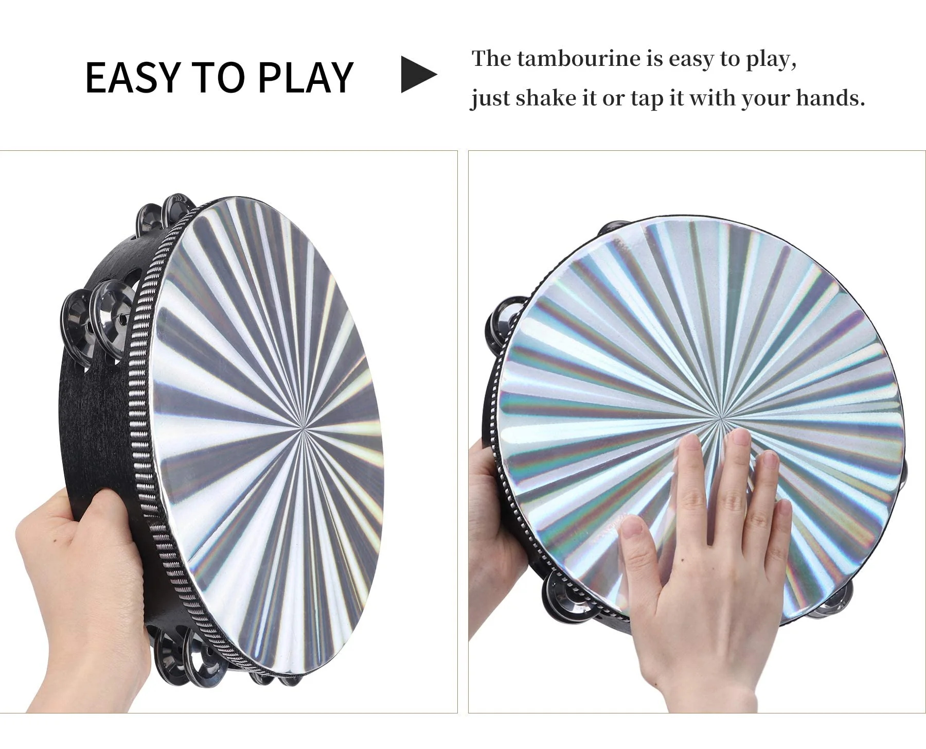 Radiant Tambourines, 10 inch Tambourine with Double Row Jingle Reflective Hand Drum Percussion Handheld Drum Bell Musical Instrument Hand Held Percussion for Adults Church, KTV, Party, Games 10 inches - Image 6