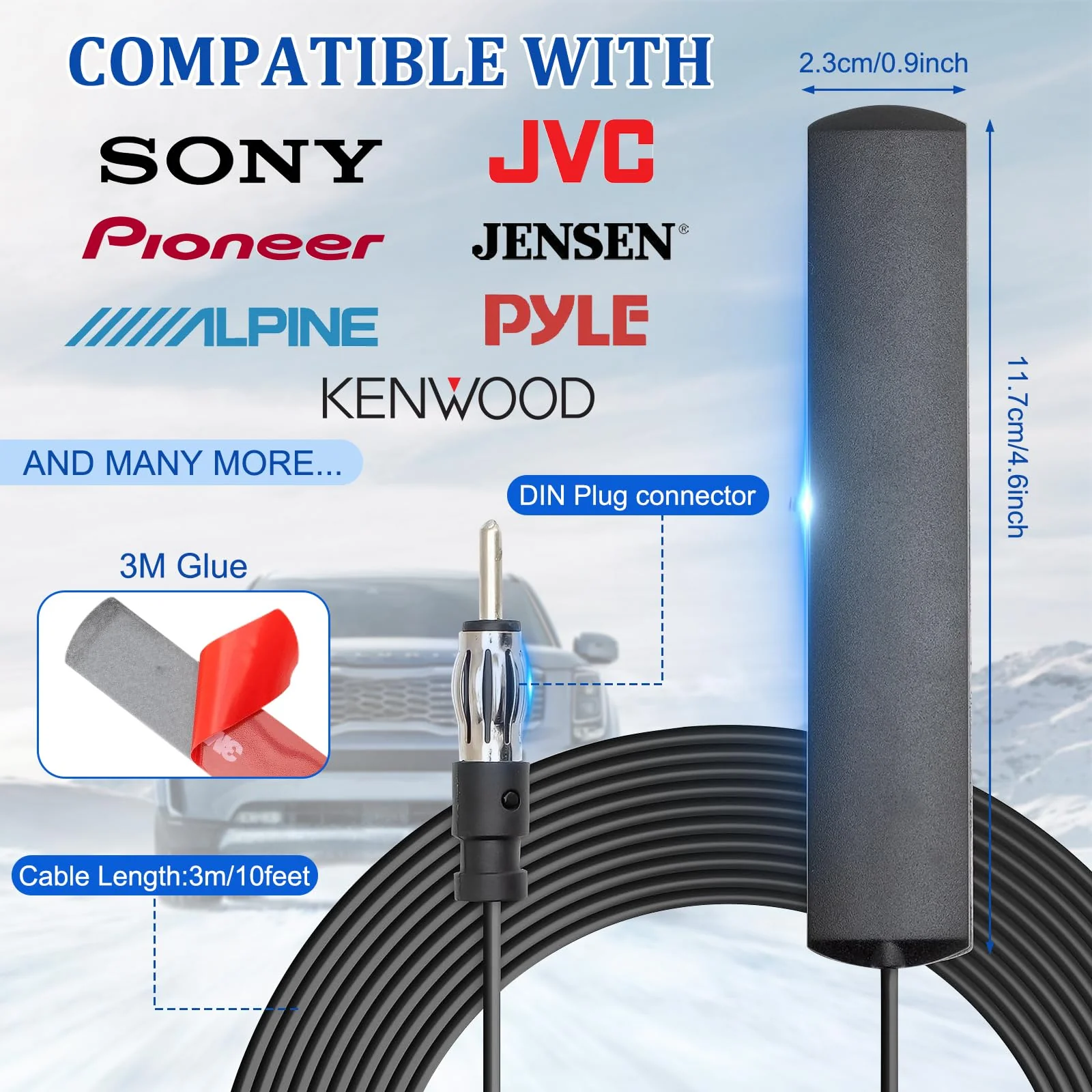 Radio Antenna for Cars, Trucks, RV, SUV -AM FM Radio Antenna, Hidden Windshield Antenna with DIN Plug, Adhesive Mount Hidden Patch Antenna for Vehicle Car Truck Stereo Receiver Player Amplifier - Image 5
