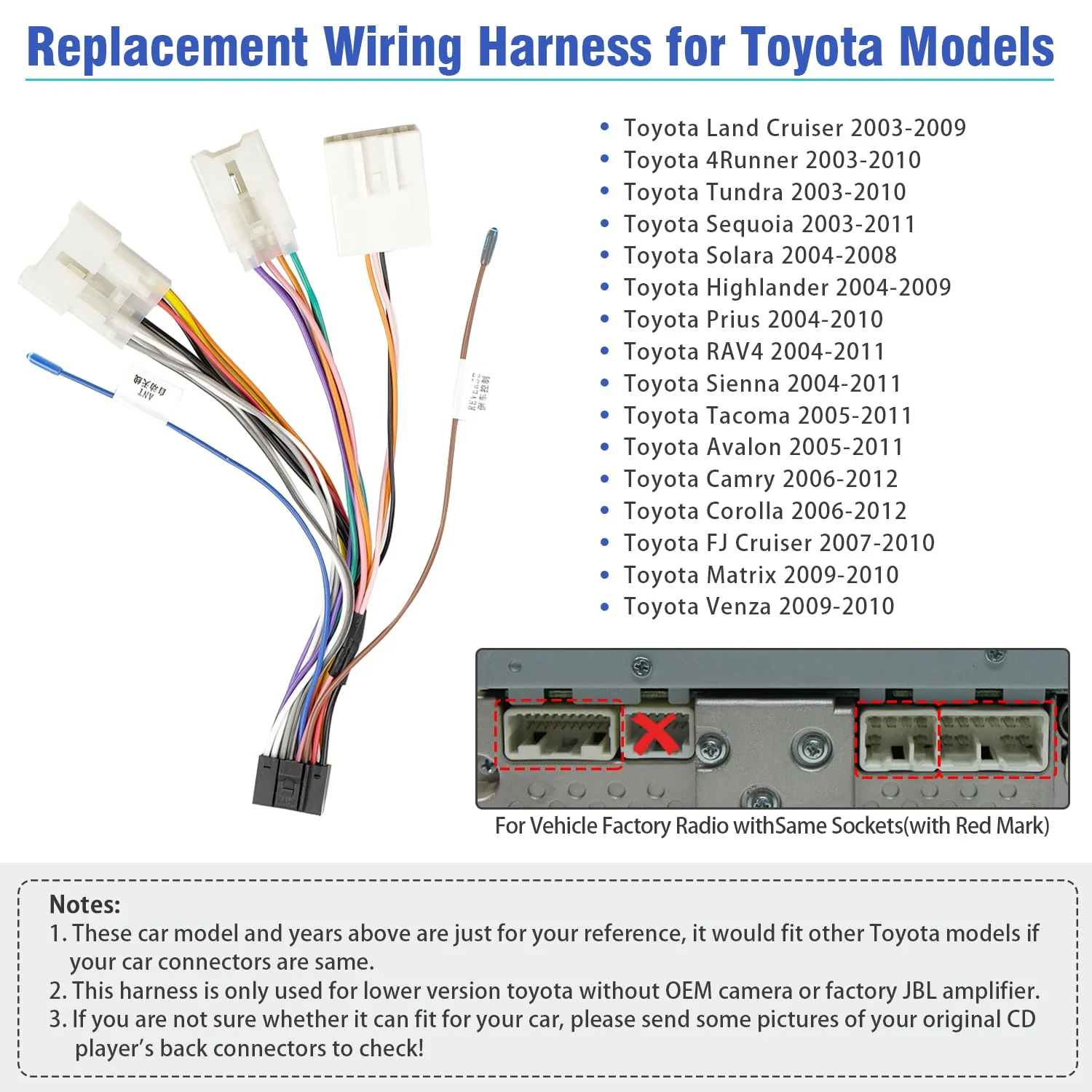 Radio Wiring Harness for Toyota ISO Wire Harness Replacement 16Pin Android Car Stereo Adapter with 20Pin SWC Plug Reverse Cable Butt Connector (2012 and below) 16P-3xConnectors for Toyota - Image 2