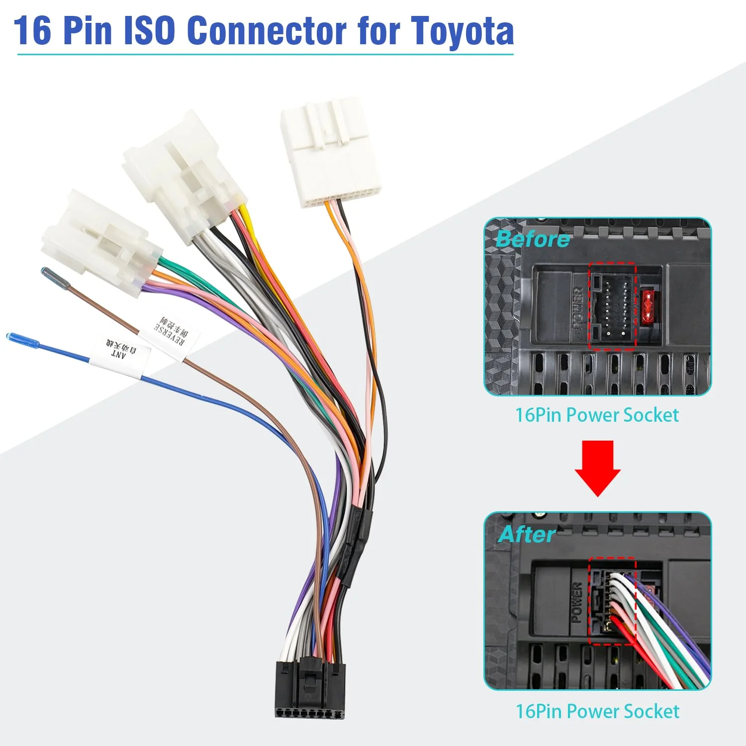 Radio Wiring Harness for Toyota ISO Wire Harness Replacement 16Pin Android Car Stereo Adapter with 20Pin SWC Plug Reverse Cable Butt Connector (2012 and below) 16P-3xConnectors for Toyota - Image 4