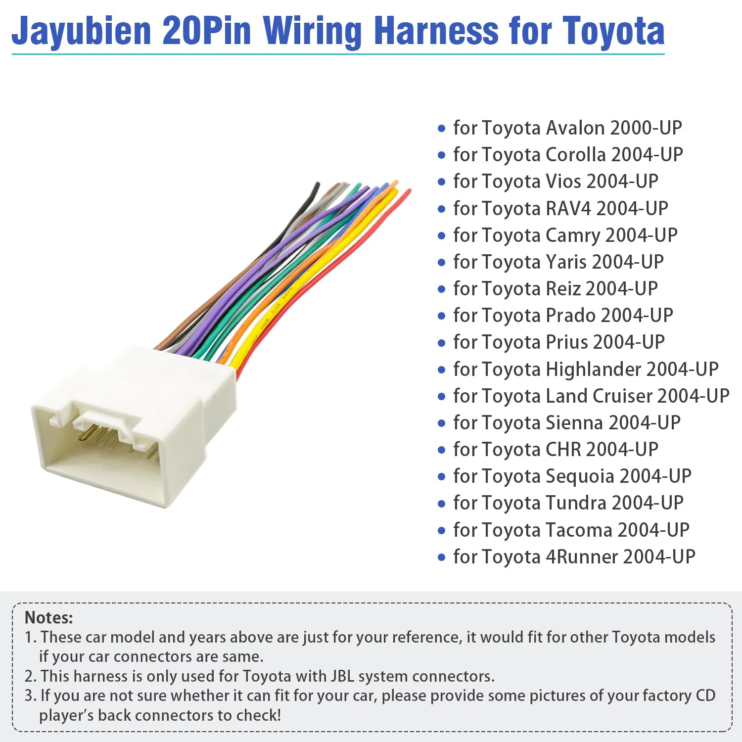 Radio Wiring Harness JBL Connector Fit for Toyota Highlander Sequoia Tundra Camry Corolla Vios Prado 20Pin Car Stereo Wire Adapter 20P Harness for Toyota (w/JBL) - Image 2