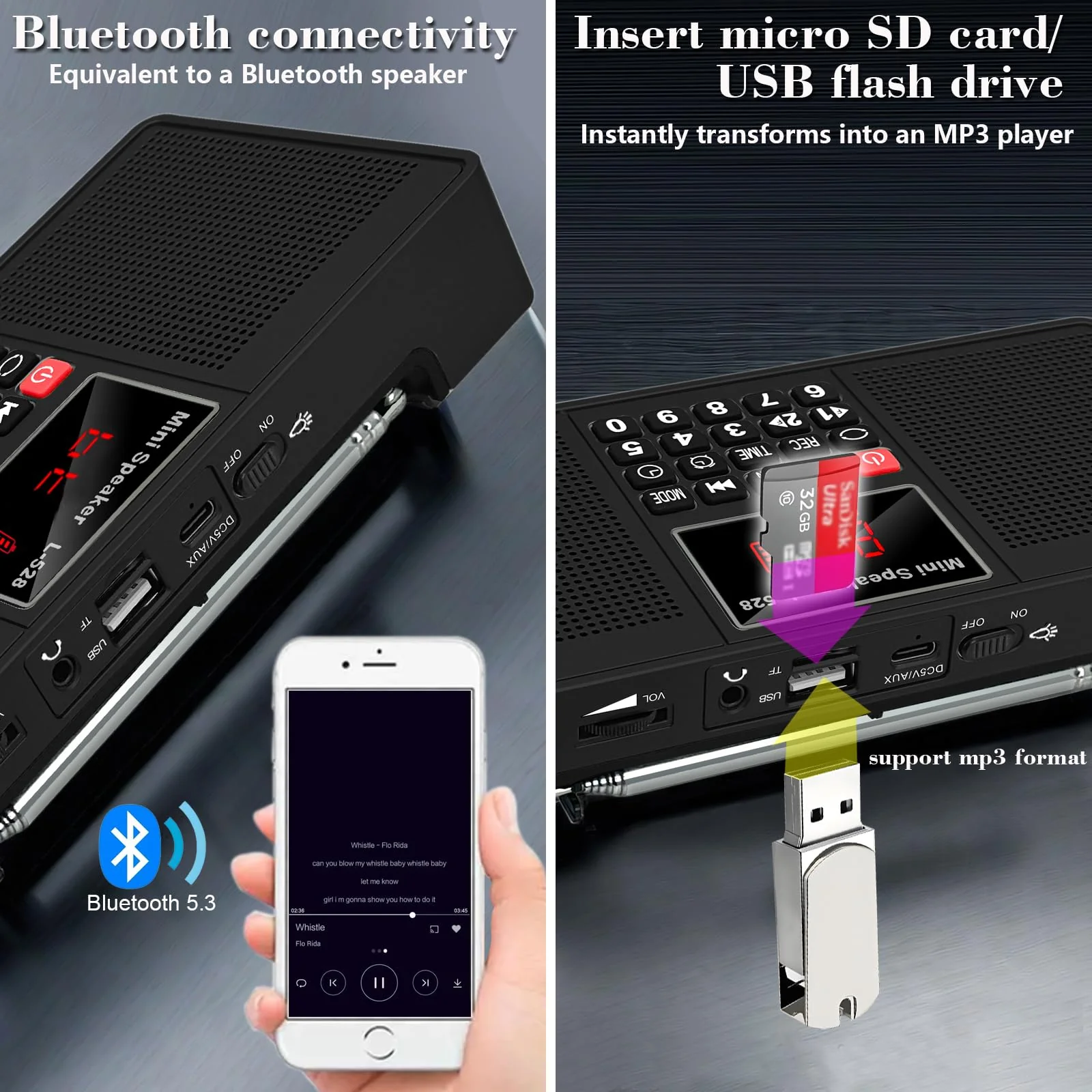 Radios Portable AM FM Bluetooth/Micro SD Card/USB Flash Drive MP3 Playback Dual Speakers and Emergency Flashlight Battery Operated Small Radio Suitable for Home and Outdoor Camping Essentials BLACK - Image 6