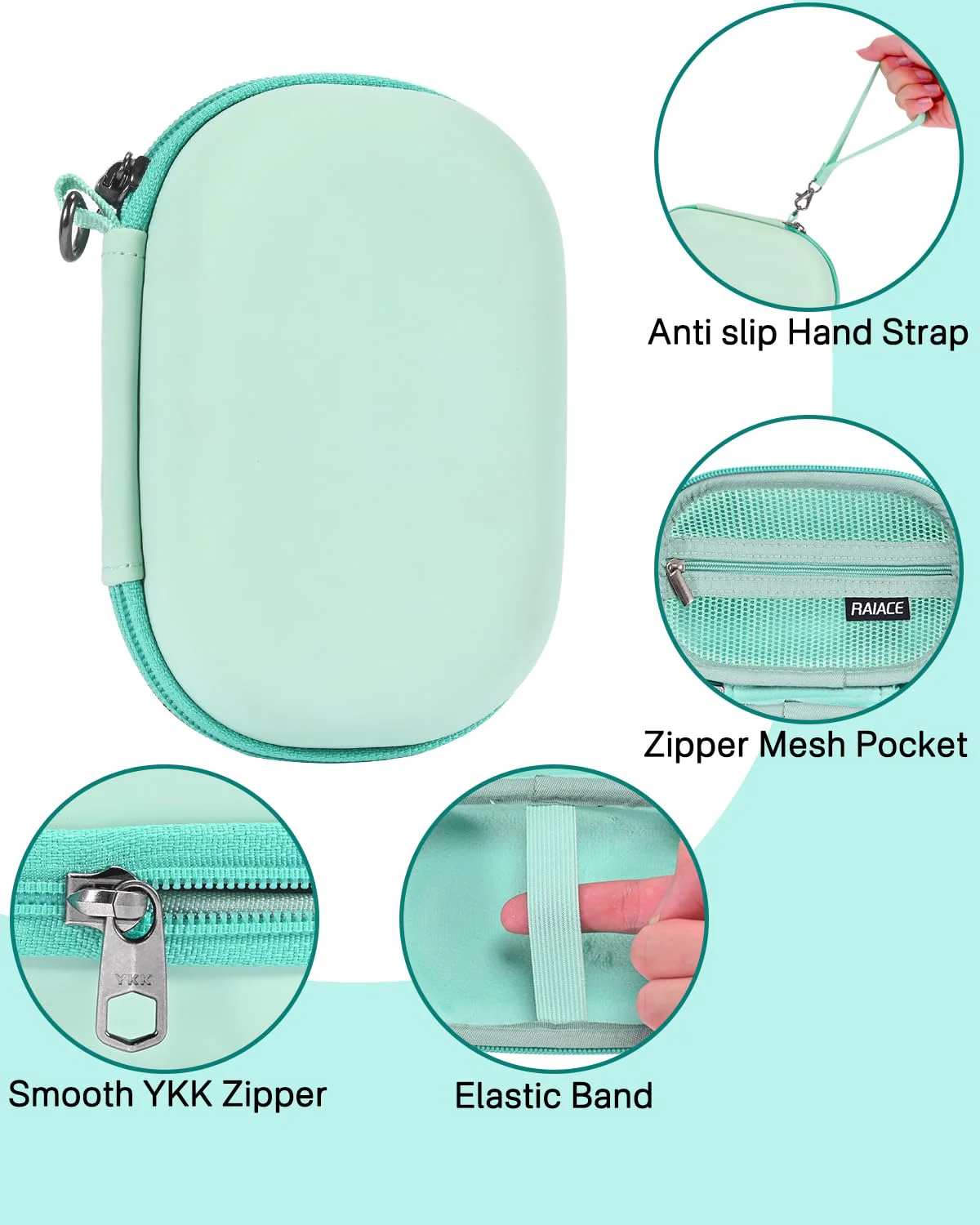 RAIACE Hard Travel Storage Case Compatible with SUPVAN E10 Mini Label Printer, Mesh Pocket for Label Paper, Cables and accessories. - Green - Image 3