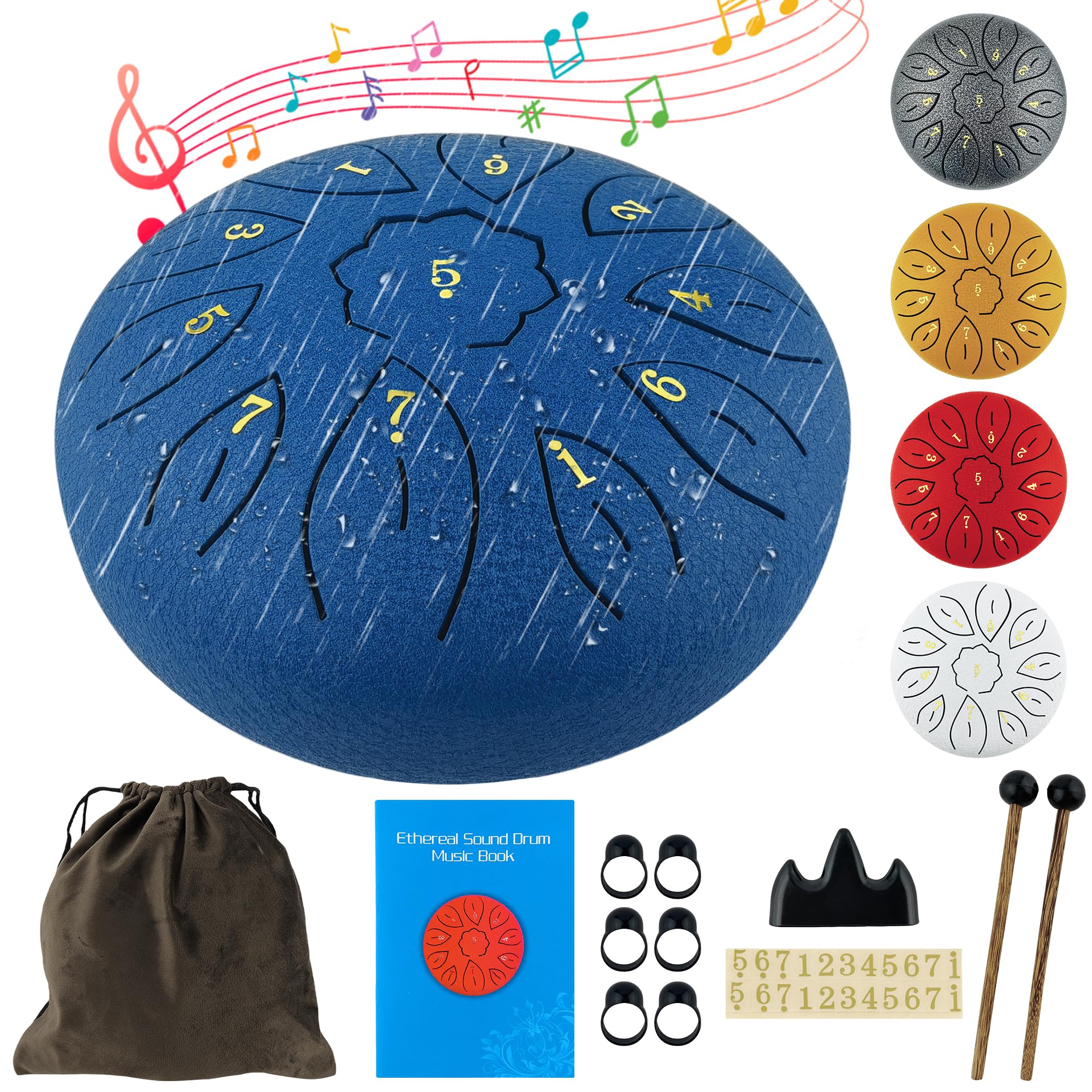 Rain Drum for Garden, 6 Inches 11 Notes Steel Tongue Drum for Adults Kids, Hand Drum Percussion Instrument with Drumsticks, Finger Paddle, Music Book and Travel Bag Yoga Chakra Gifts, Blue 6 Inch