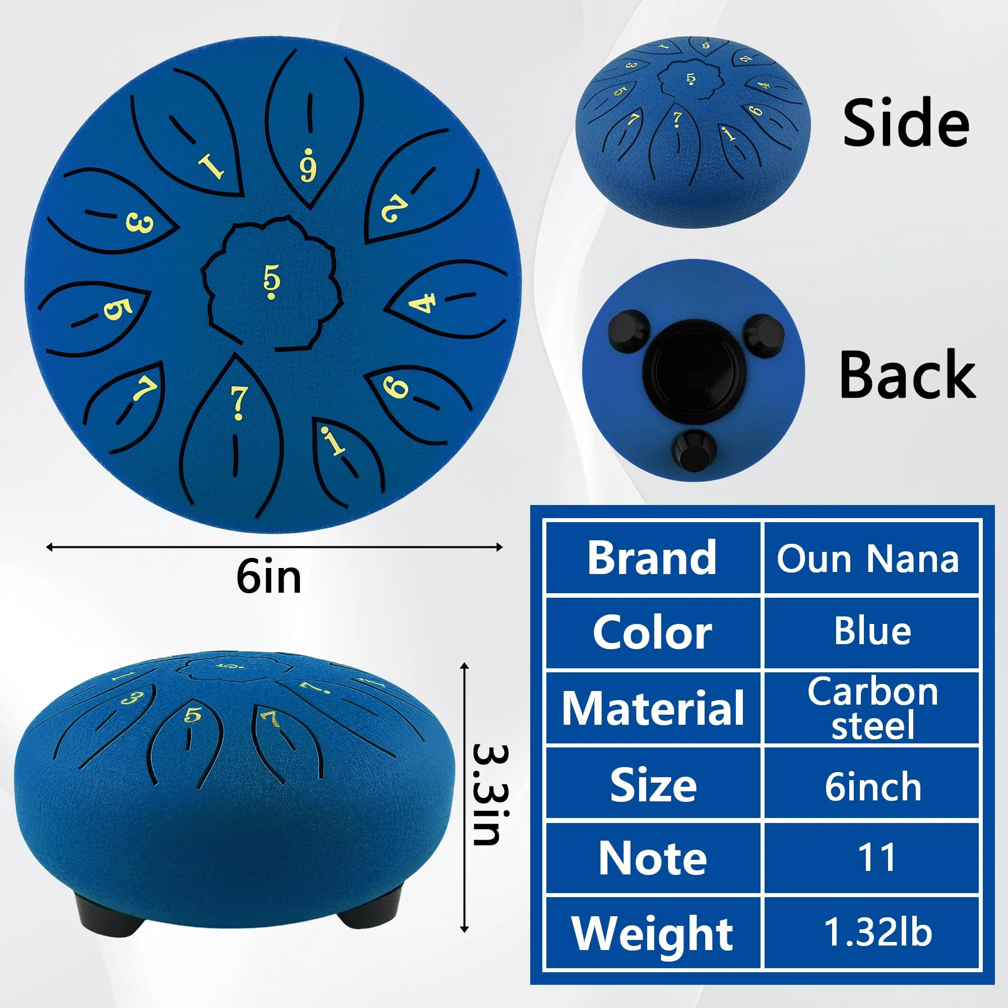 Rain Drum for Garden, 6 Inches 11 Notes Steel Tongue Drum for Adults Kids, Hand Drum Percussion Instrument with Drumsticks, Finger Paddle, Music Book and Travel Bag Yoga Chakra Gifts, Blue 6 Inch - Image 2