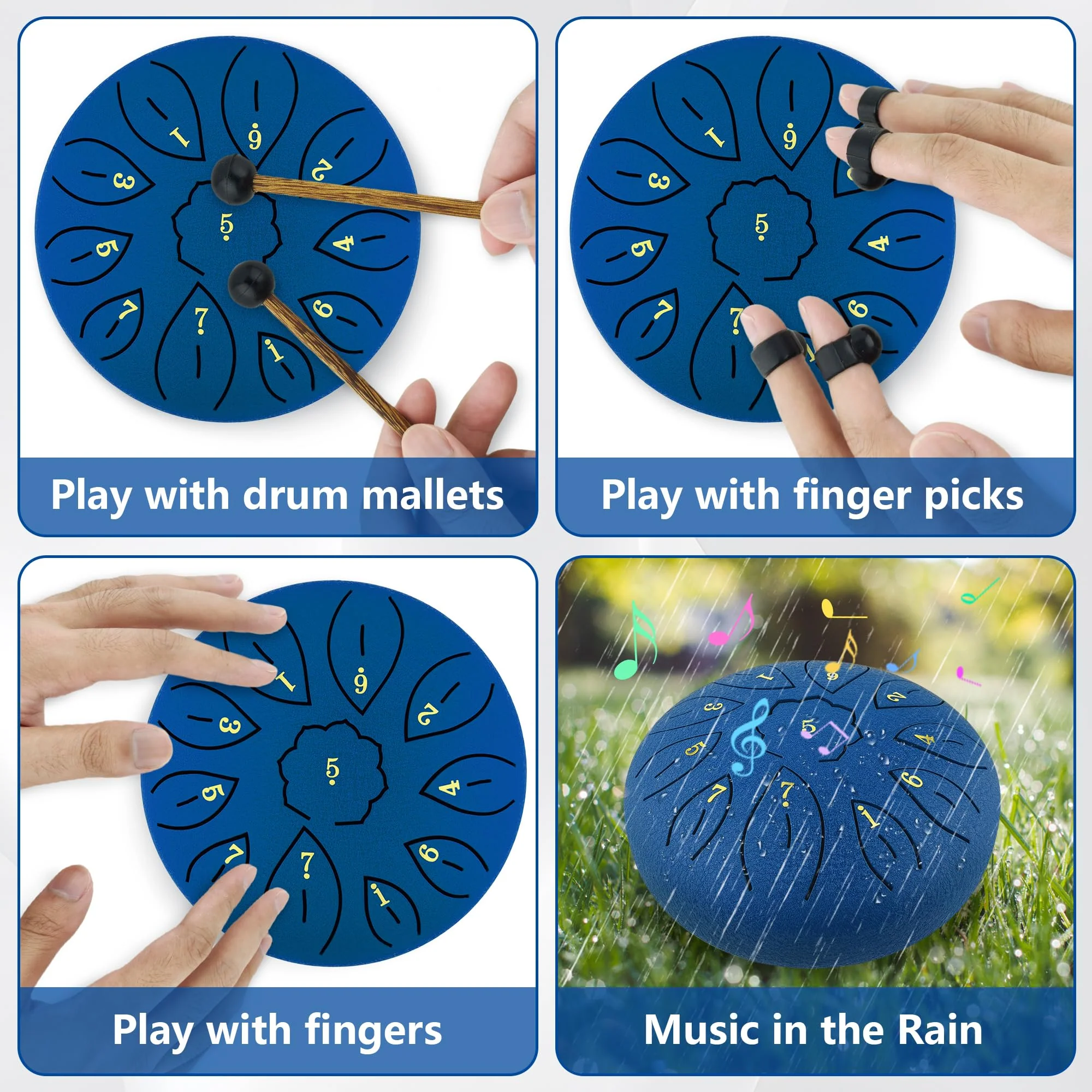 Rain Drum for Garden, 6 Inches 11 Notes Steel Tongue Drum for Adults Kids, Hand Drum Percussion Instrument with Drumsticks, Finger Paddle, Music Book and Travel Bag Yoga Chakra Gifts, Blue 6 Inch - Image 3
