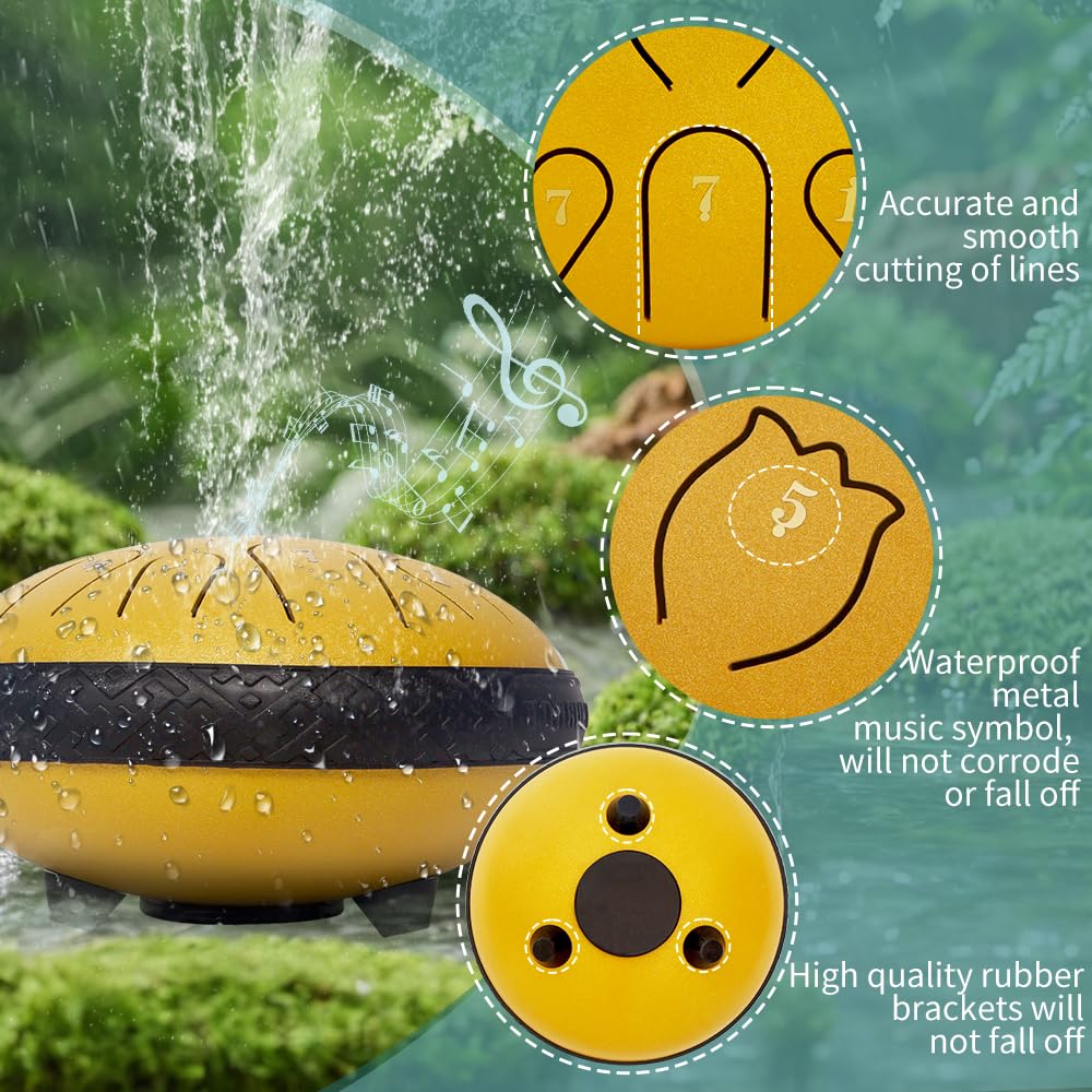 Rain Drum for Outside Garden,Steel Tongue Drum 6 Inche 11 Note Steel Drums Rain Chime,with Soft Bag,Music Book,2 Mallets(Yellow) yellow - Image 2