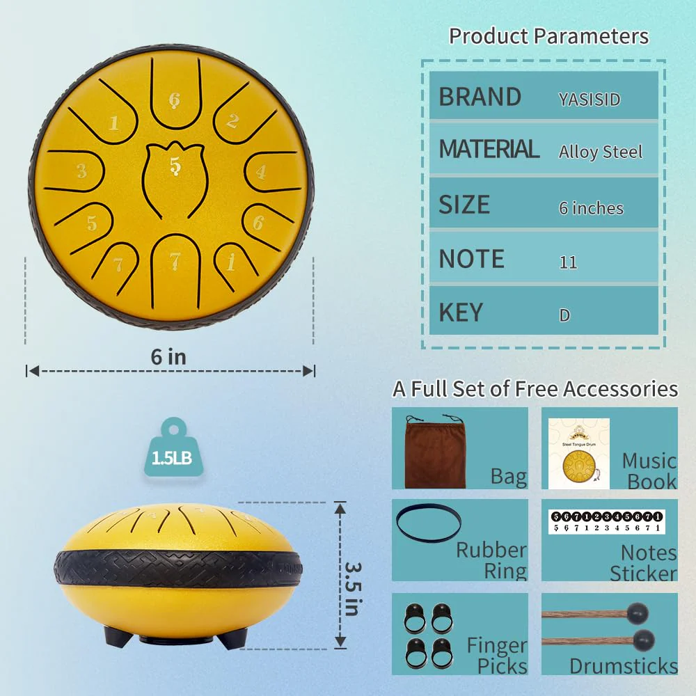 Rain Drum for Outside Garden,Steel Tongue Drum 6 Inche 11 Note Steel Drums Rain Chime,with Soft Bag,Music Book,2 Mallets(Yellow) yellow - Image 3