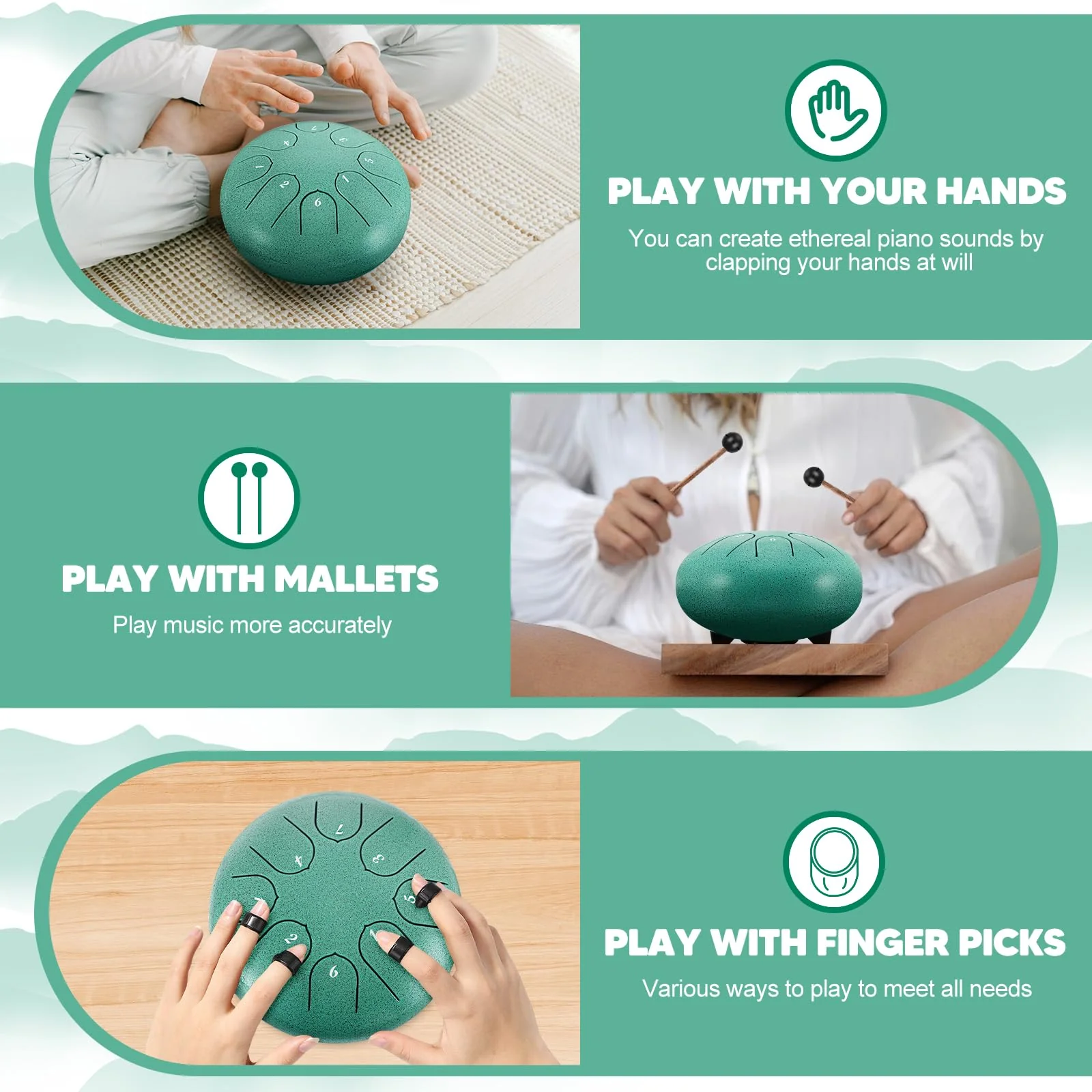 Rain Drum for Outside, Steel Tongue Drum 8 Notes 6 Inches Chakra Tank Drum, for Yoga Musical Education,with Drumsticks Drumstick Stand Tutorial Book Note Stickers Finger Cots(Malachite) Malachite 6 inch 8 notes - Image 5