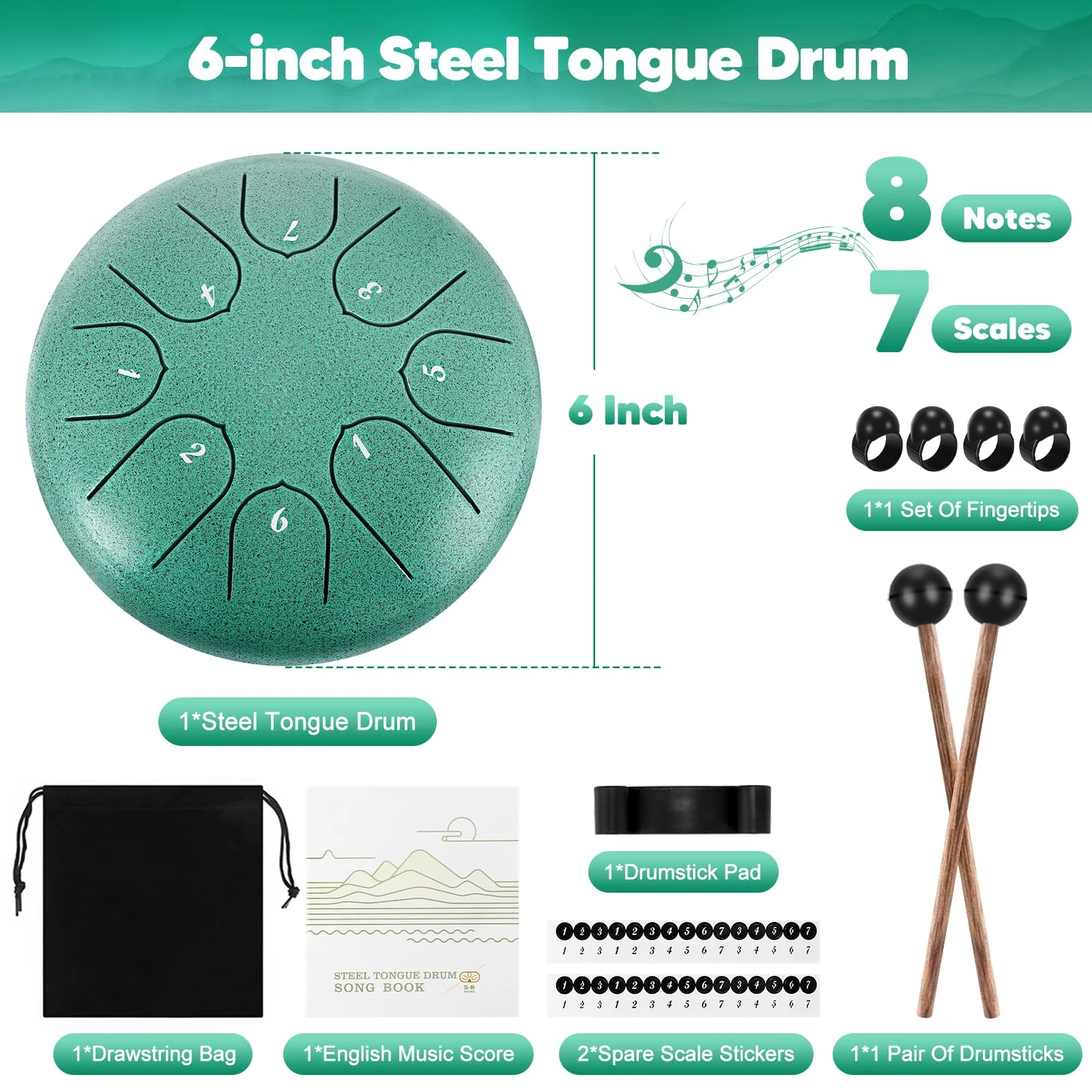Rain Drum for Outside, Steel Tongue Drum 8 Notes 6 Inches Chakra Tank Drum, for Yoga Musical Education,with Drumsticks Drumstick Stand Tutorial Book Note Stickers Finger Cots(Malachite) Malachite 6 inch 8 notes - Image 6