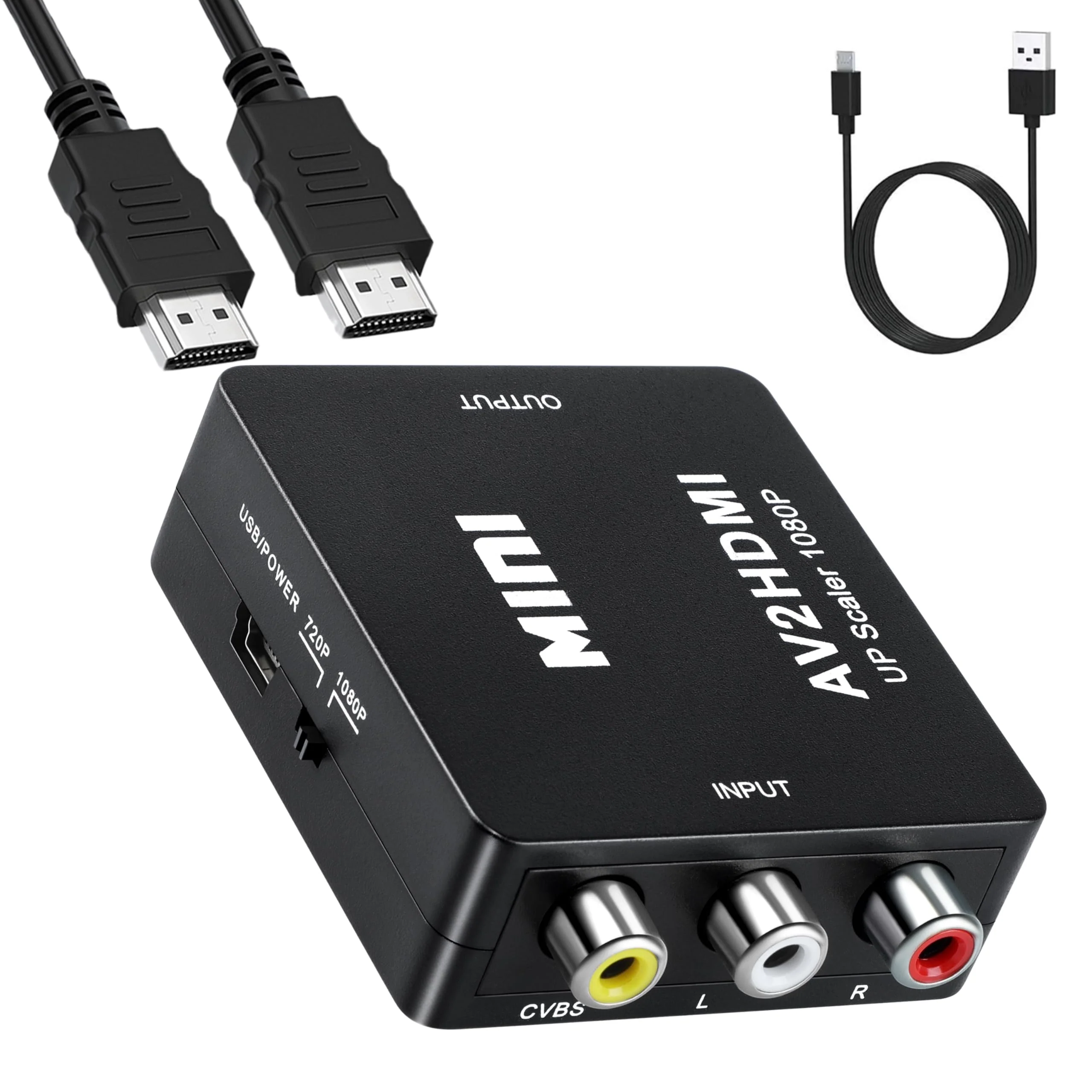 RCA to HDMI Converter, 1080P Mini RCA Composite CVBS Video Audio Supporting PAL/NTSC for TV/PC/ PS3/ STB/Xbox VHS/VCR/Blue-Ray DVD Players (RCA Adapter+HDMI Cable) 2 in 1