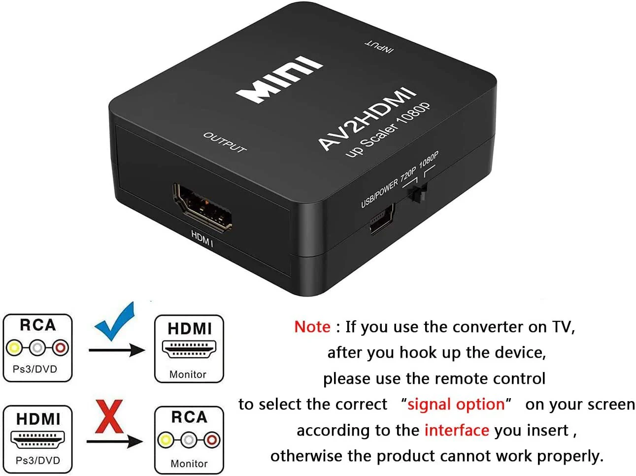 RCA to HDMI Converter, 1080P RCA Composite CVBS AV to HDMI Video Audio Converter Adapter Compatible with N64 Wii PS2 Xbox VHS VCR Camera DVD, Support PAL/NTSC with HDMI and USB Power Cable Converter(With HDMI Cable) - Image 3