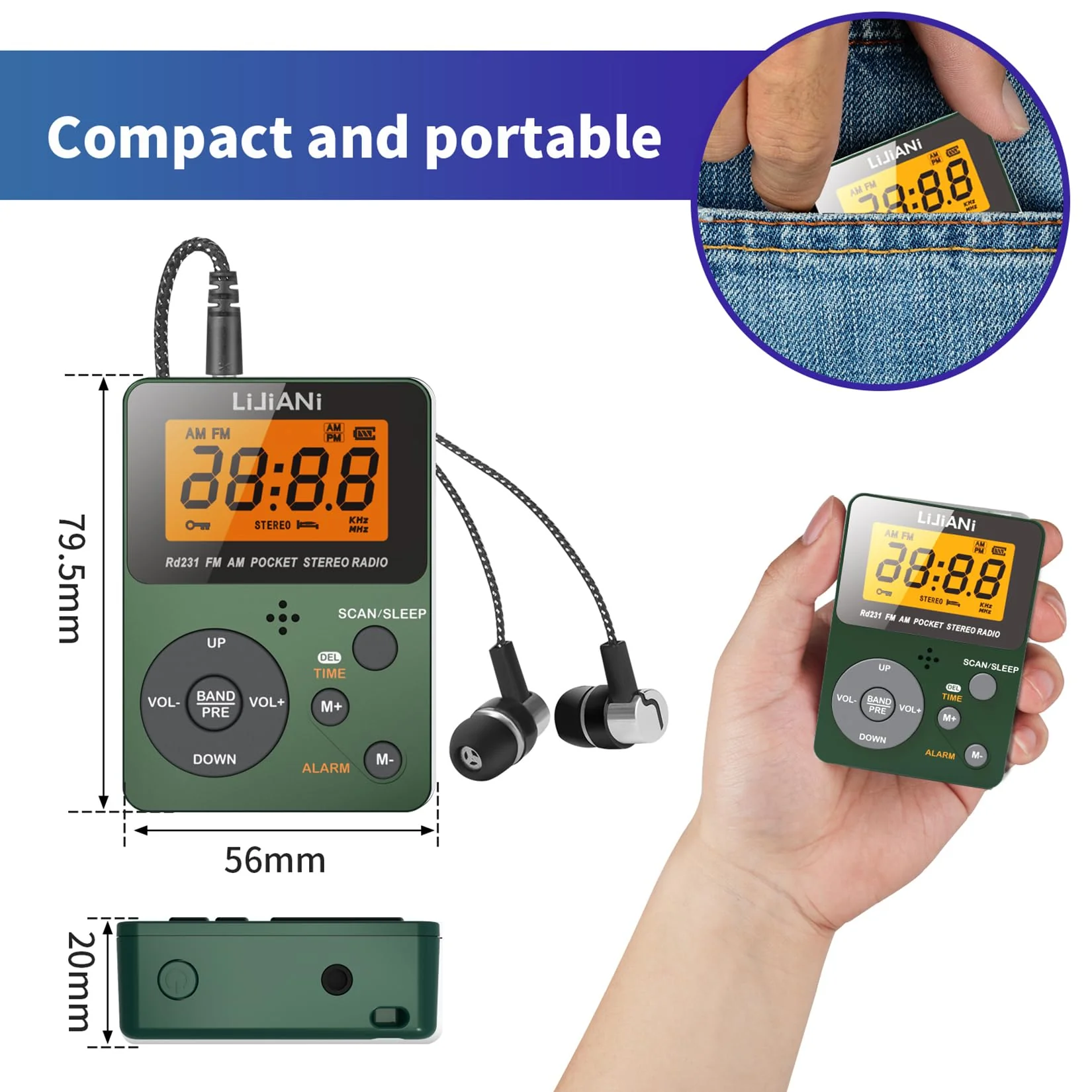 rd231 Pocket AM FM Radio Portable with Best Reception,Power by AAA Battery Mini Digital Tuning Walkman Radio with Stereo Earphone,Large LCD Screen and Lock Screen for Walk/Jogging/Gym/Camping - Image 5