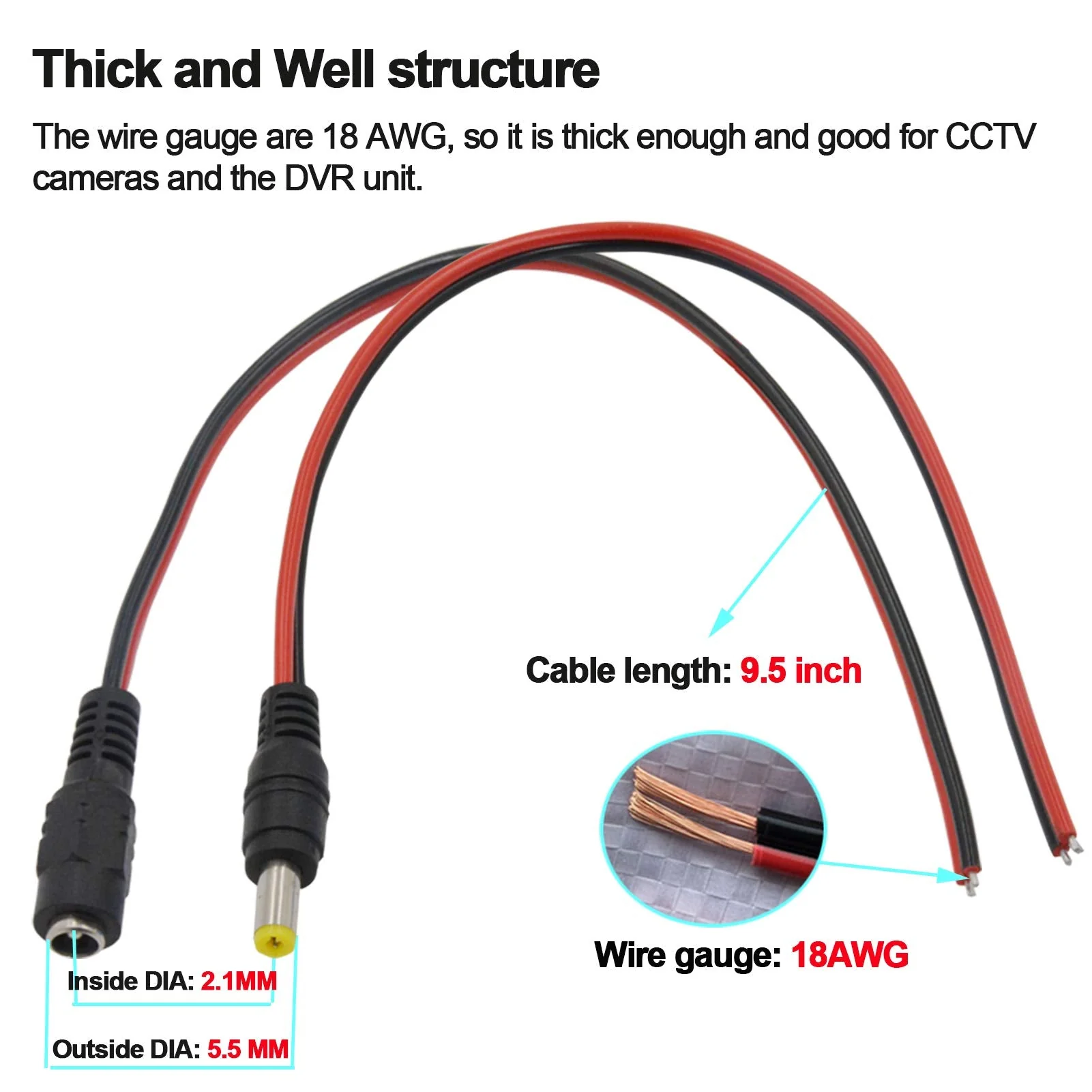 (Real 18AWG 43x2pcs Copper Strands) 10 Pairs DC Power Pigtail Cable Wire, 12V 5A Male & Female Connectors for CCTV Security Camera and Lighting Power Adapter by MILAPEAK (2.1mm x 5.5mm, Ultra Thick) - Image 5