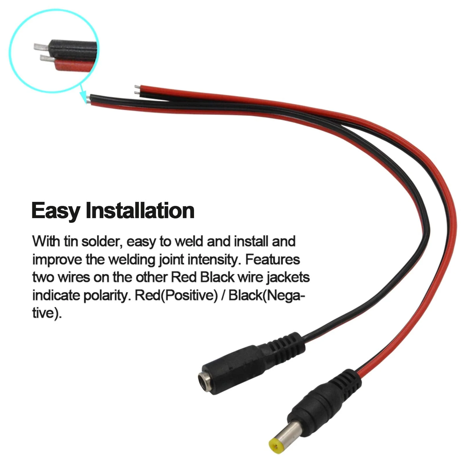 (Real 18AWG 43x2pcs Copper Strands) 10 Pairs DC Power Pigtail Cable Wire, 12V 5A Male & Female Connectors for CCTV Security Camera and Lighting Power Adapter by MILAPEAK (2.1mm x 5.5mm, Ultra Thick) - Image 7