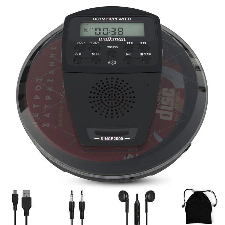 Rechargeable CD Player Portable with Bluetooth,Compact Anti-Skip Shockproof Walkman CD Player with Earphone, Stereo Speakers&LCD Display for Car/Home/Travel (AUX Output)