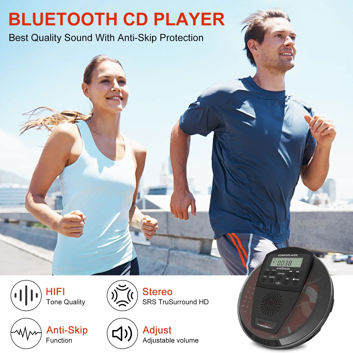 Rechargeable CD Player Portable with Bluetooth,Compact Anti-Skip Shockproof Walkman CD Player with Earphone, Stereo Speakers&LCD Display for Car/Home/Travel (AUX Output) - Image 2