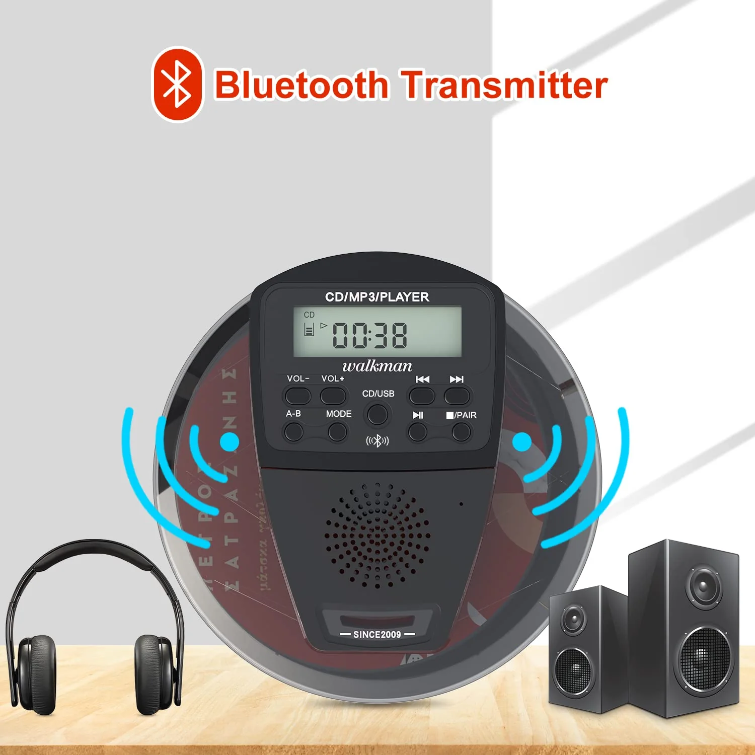 Rechargeable CD Player Portable with Bluetooth,Compact Anti-Skip Shockproof Walkman CD Player with Earphone, Stereo Speakers&LCD Display for Car/Home/Travel (AUX Output) - Image 3