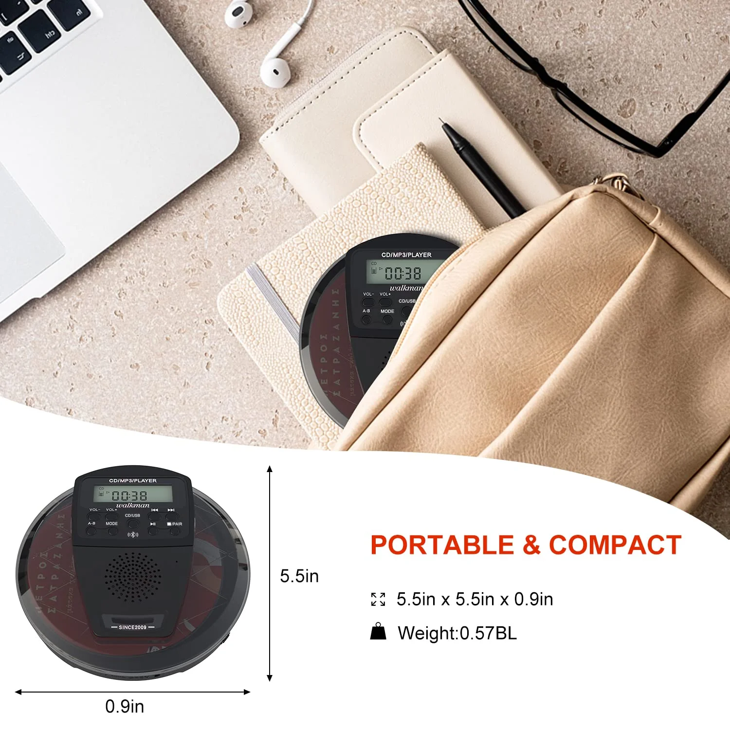 Rechargeable CD Player Portable with Bluetooth,Compact Anti-Skip Shockproof Walkman CD Player with Earphone, Stereo Speakers&LCD Display for Car/Home/Travel (AUX Output) - Image 7
