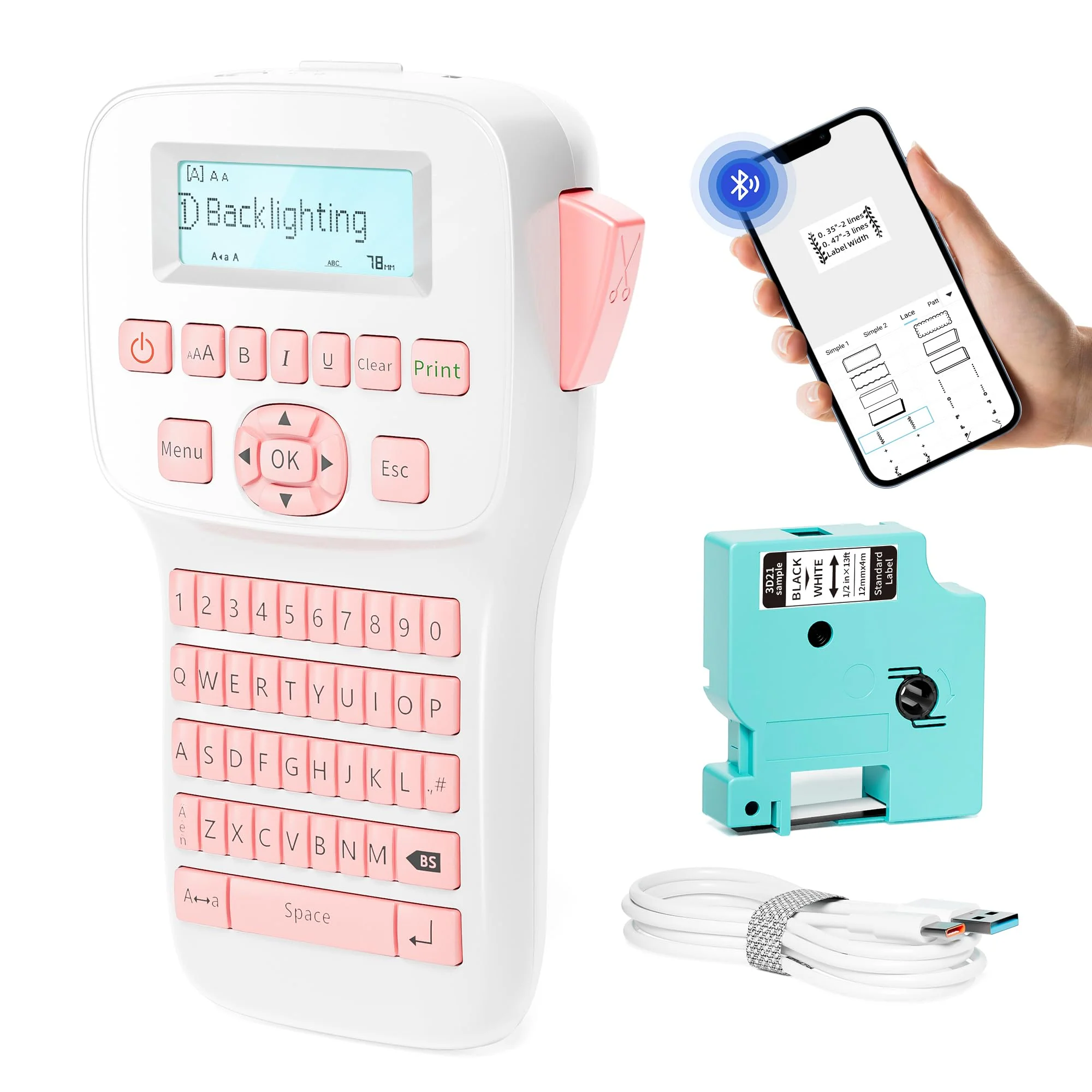 Rechargeable Label Maker, Pink Label Maker with Keyboard, Handheld Label Maker Machine with Bluetooth Backlit Large Display LM1600, Portable Labeler for Home & Office Organization School