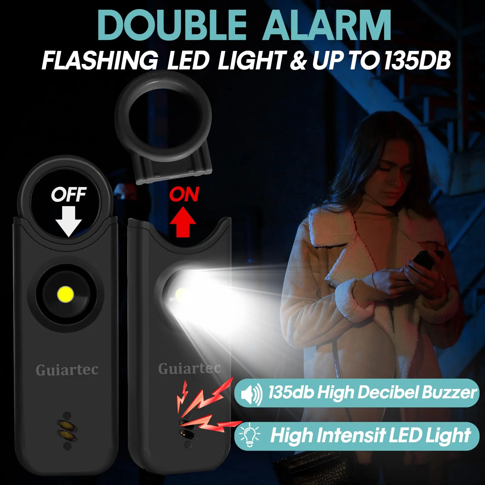 Rechargeable Personal Safety Alarm for Women, 135 dB Loud Self Defense Keychain Siren with LED Strobe Light, Personal Emergency Security Safe Devices Key Chain Alarms for Women Kids Elderly (Black) Black - Image 2