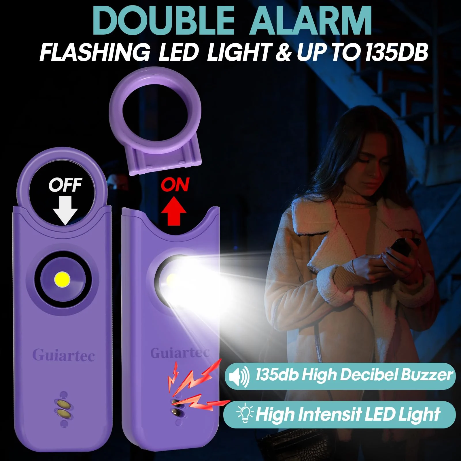 Rechargeable Personal Safety Alarm for Women, 135 dB Loud Self Defense Keychain Siren with LED Strobe Light, Personal Emergency Security Safe Devices Key Chain Alarms for Women Kids Elderly (Violet) Violet - Image 2