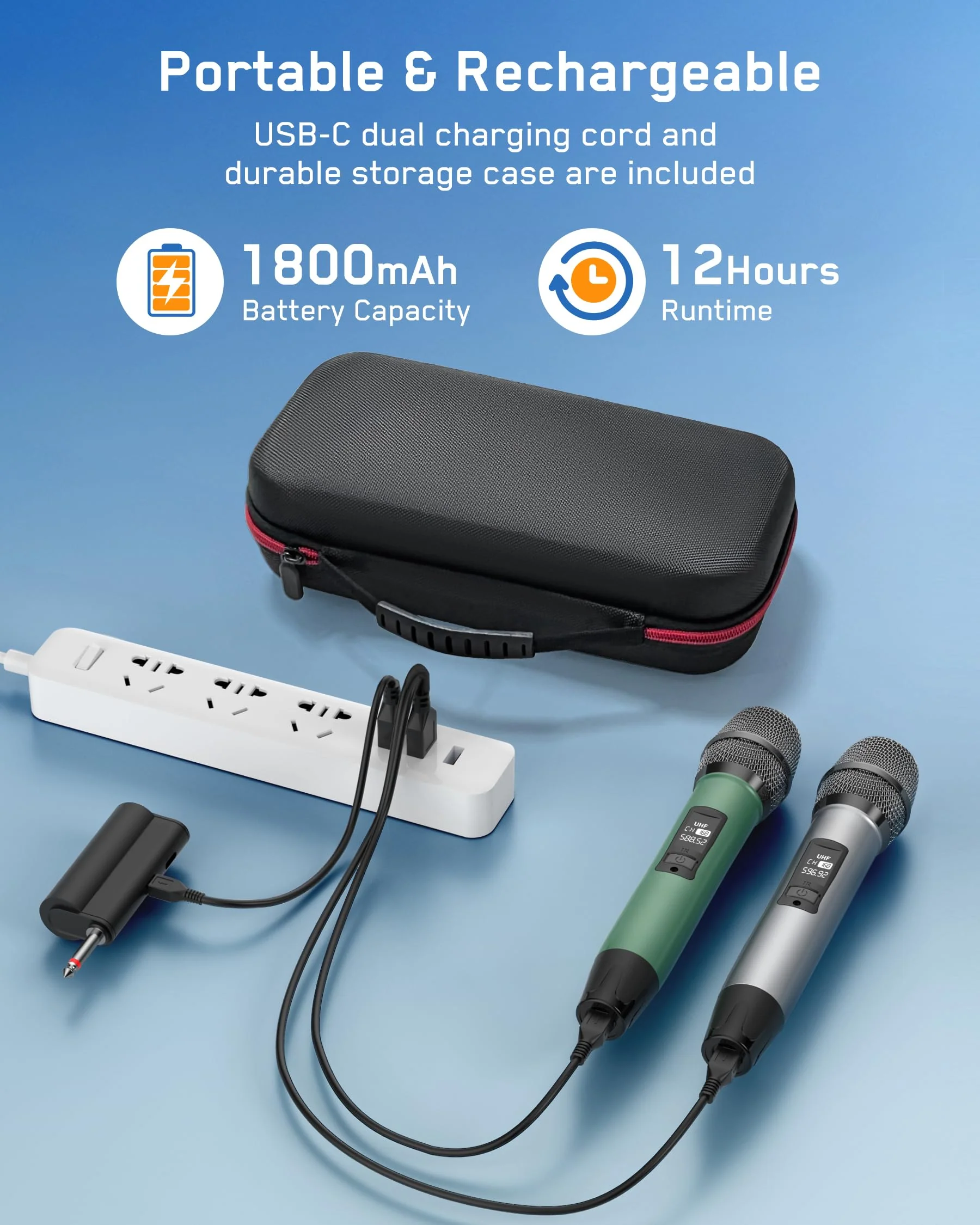Rechargeable UHF Wireless Microphones, Two Metal Handheld Microphones with 1/4" Receiver, Plug-and-Play for Speaker & PA System, Karaoke Singsing, Lecture, Stage Performance (Green&Grey) Green&Grey - Image 5