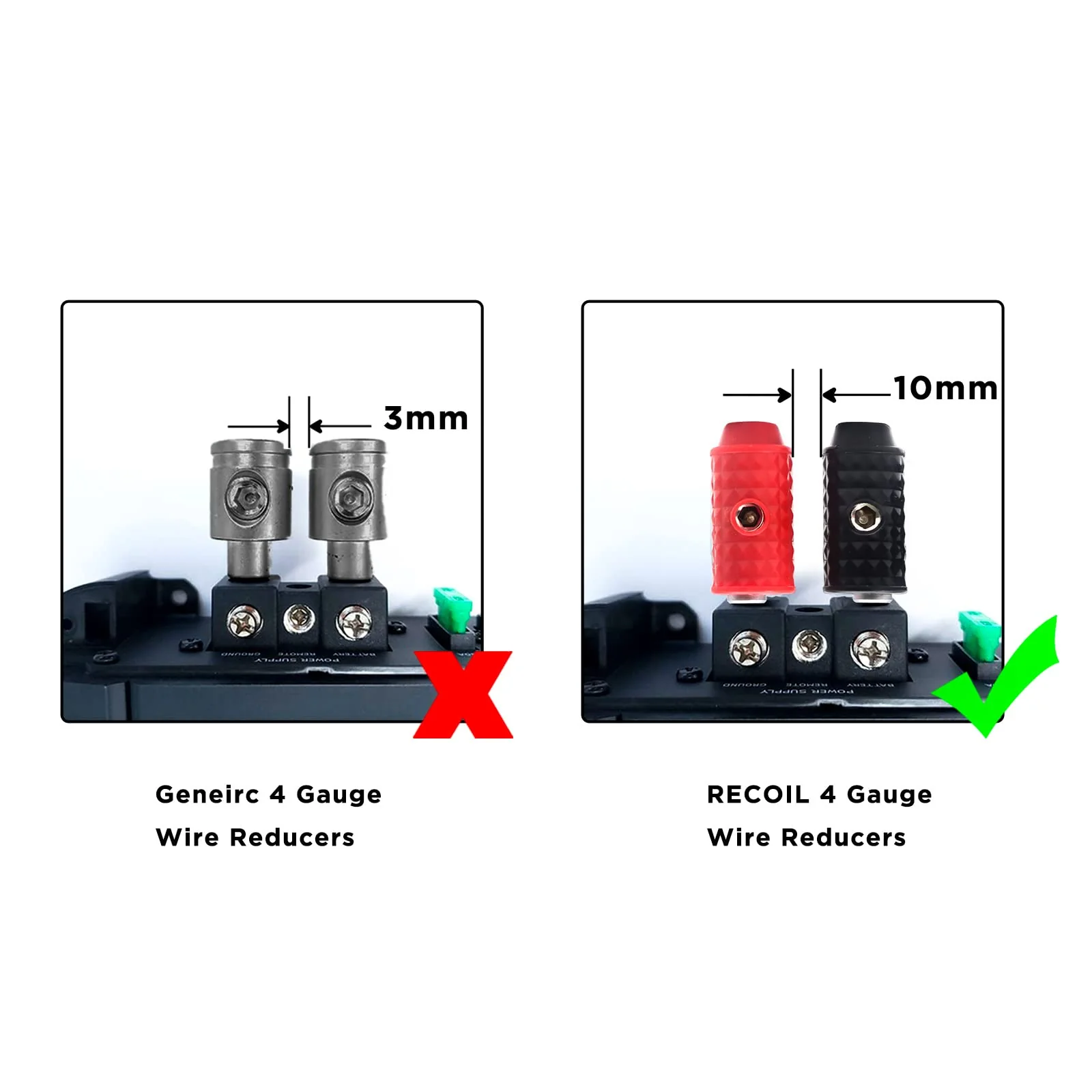 Recoil WR48P Amplifier Power/Ground Input Wire Gauge Reducer Brass 4 Gauge to 8 Gauge with Red/Black Silicon Covers, Marine-Grade Satin Chrome Finish, Pair - Image 4