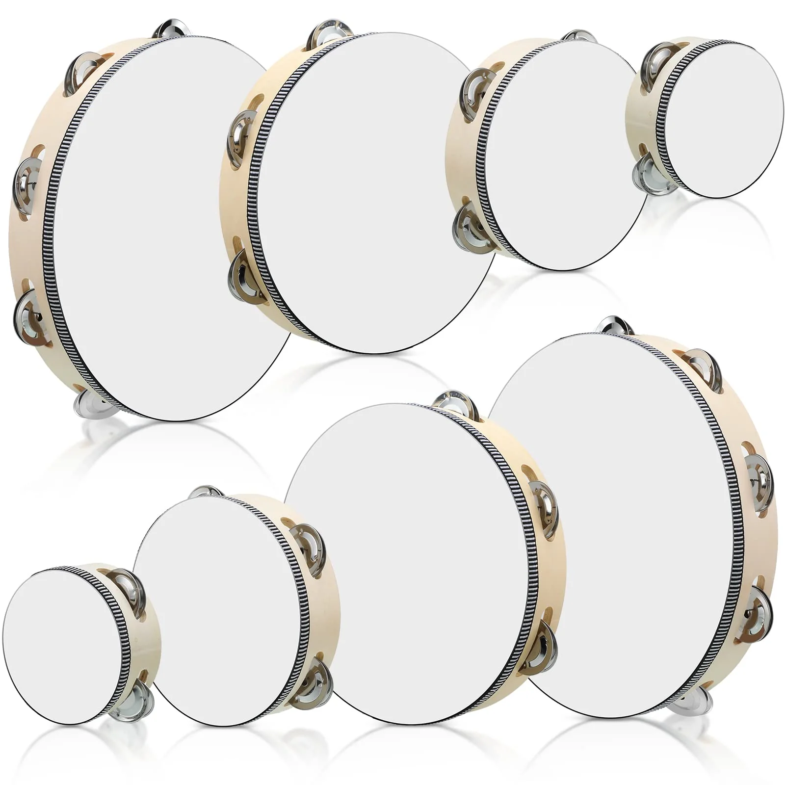 Reginary 8 Pcs Tambourine for Adults Handheld Wood Tambourine 4 Size Single Row Metal Jingles Musical Educational Gift Rhythm Percussion Instrument for Church Party Ktv(Natural) Natural