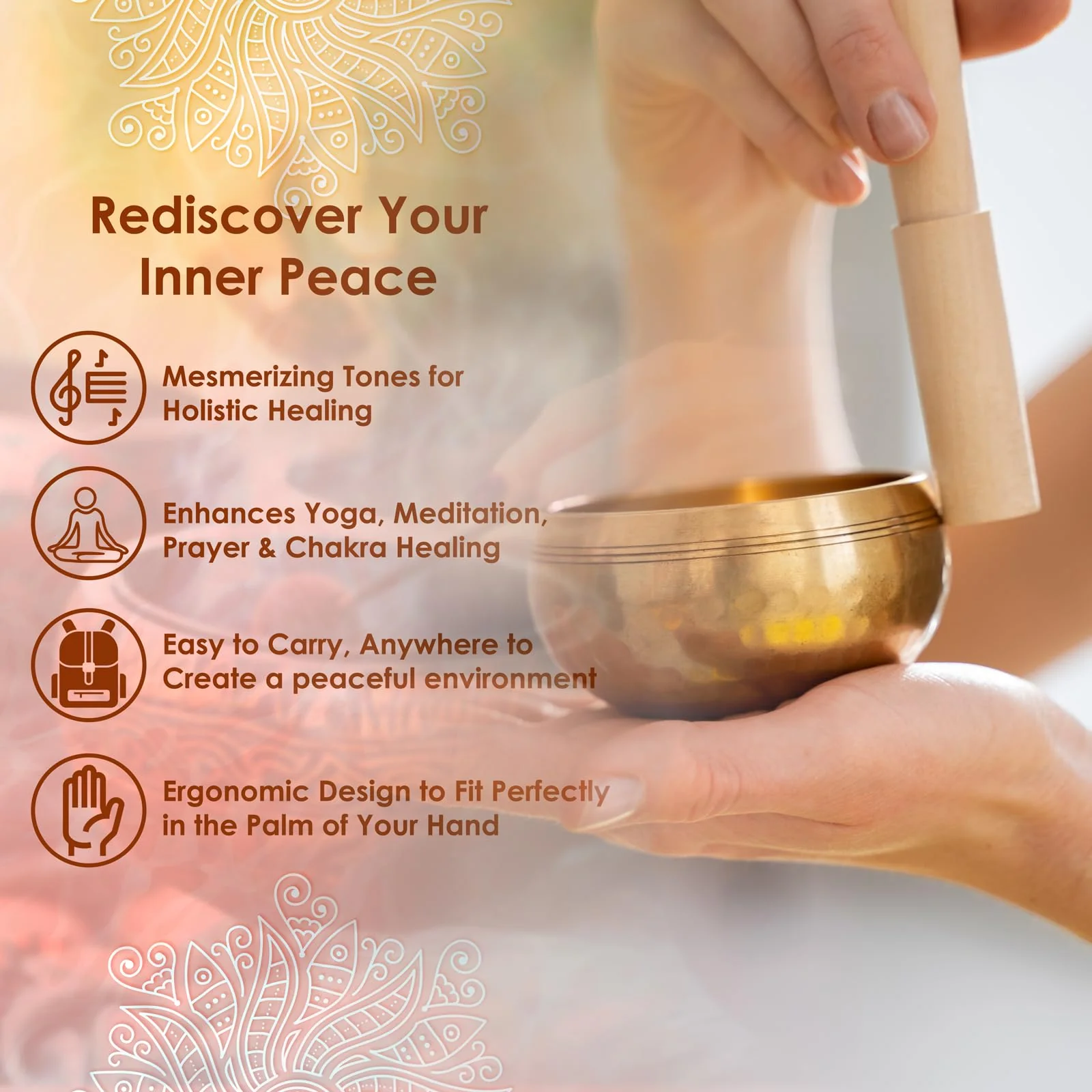 REGIS Tibetan Singing Bowl Set ? Mindfulness, and Stress Relief zen decor?Bowl Handcrafted in Nepal for Healing and Mindfulness (gold, 3 inch) gold - Image 4