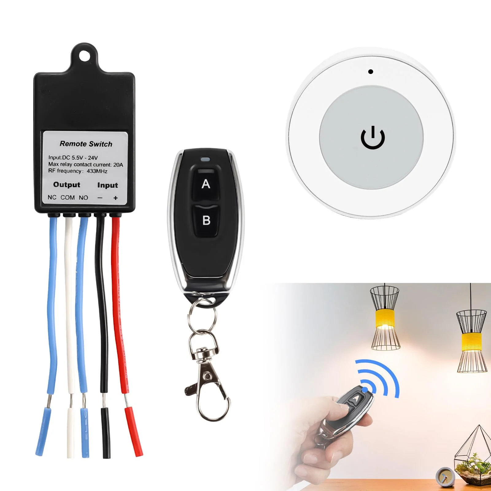 Remote Control Switch, 12 V Radio Switch, DC5.5 V ~ 30 V 5 A Relay Remote Switch, 50 m Long Range Radio Switch with 2 Remote Controls for Ceiling Lights, Motor, Lamps Christmas Decoration