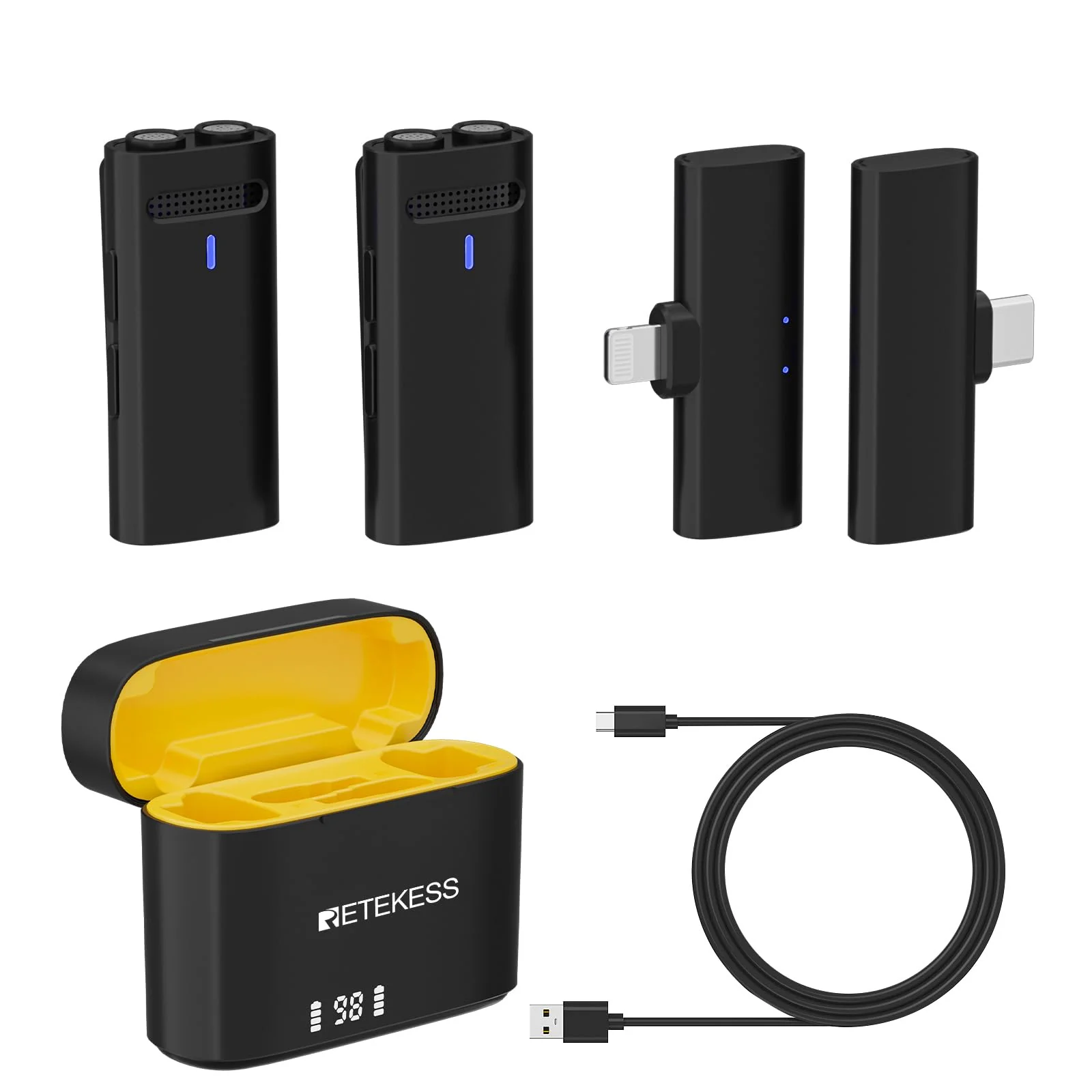 Retekess TG103 (2TX+2RX) Wireless Lavalier Microphone for iPhone/Android, Dual Mic Capsules, 3-Level Volume, 40H Battery Life with Charging Case, Mini Lapel Mic for Dual-Person Video Recording