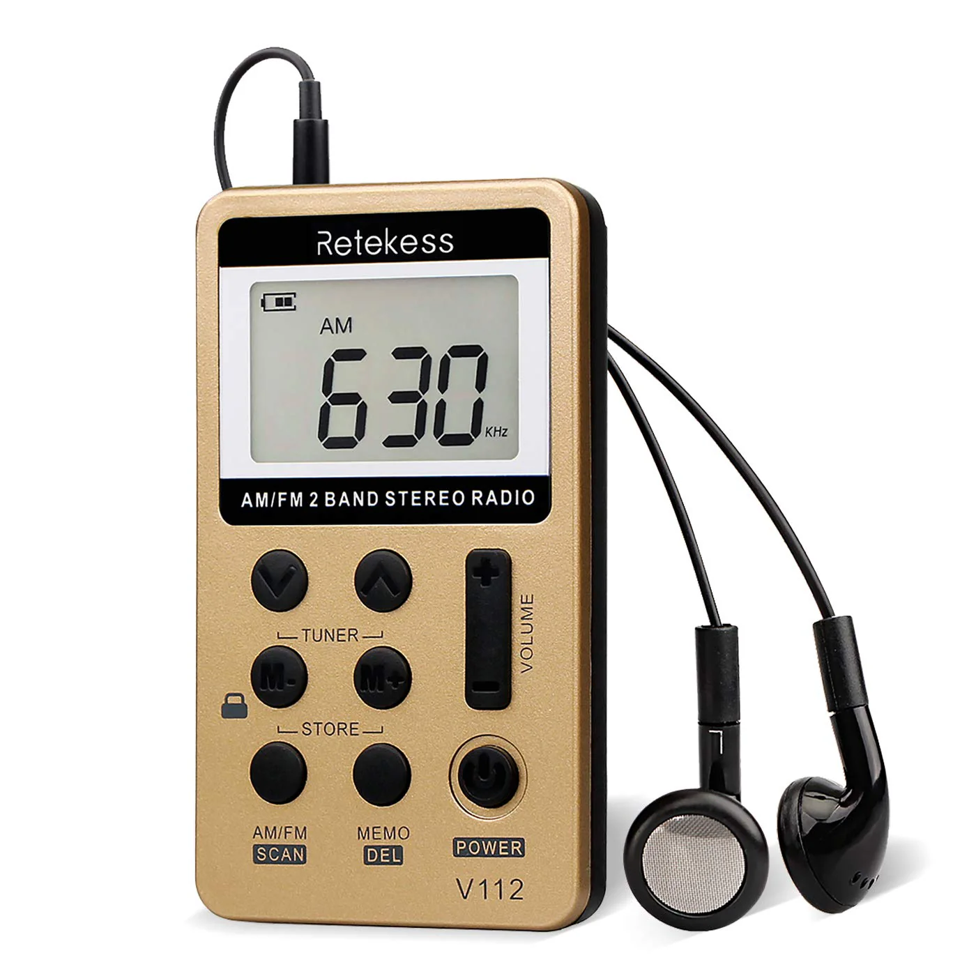 Retekess V112 AM FM Radio Portable, Mini Radio with Earphone Pocket, Digital Tuning Rechargeable Battery LCD Display for Walking Jogging(Gold) Gold
