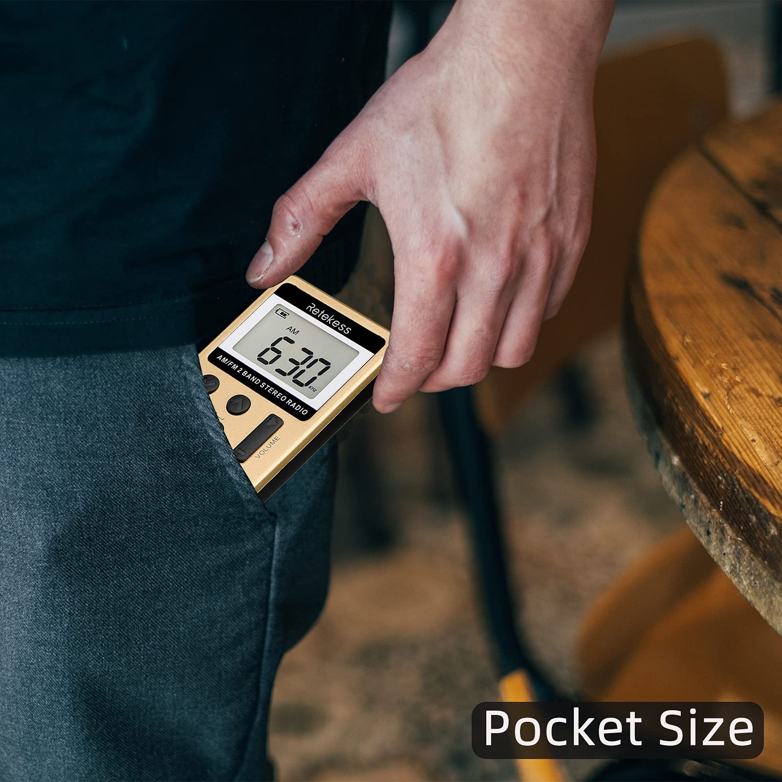 Retekess V112 AM FM Radio Portable, Mini Radio with Earphone Pocket, Digital Tuning Rechargeable Battery LCD Display for Walking Jogging(Gold) Gold - Image 4
