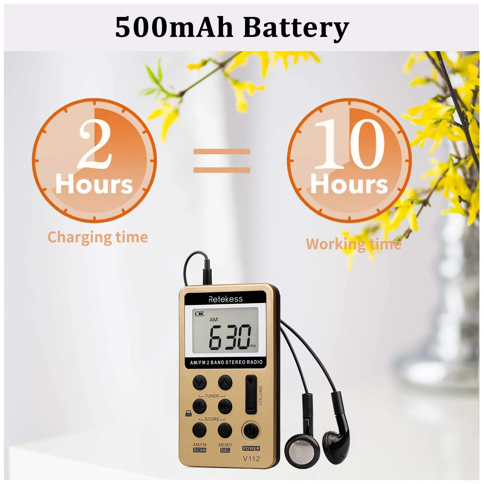 Retekess V112 AM FM Radio Portable, Mini Radio with Earphone Pocket, Digital Tuning Rechargeable Battery LCD Display for Walking Jogging(Gold) Gold - Image 5