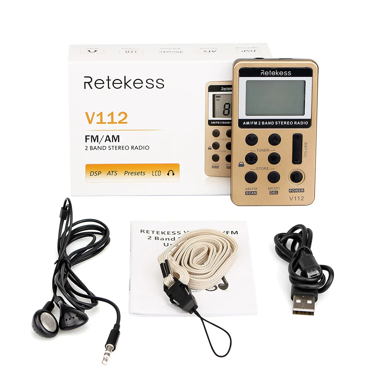 Retekess V112 AM FM Radio Portable, Mini Radio with Earphone Pocket, Digital Tuning Rechargeable Battery LCD Display for Walking Jogging(Gold) Gold - Image 6