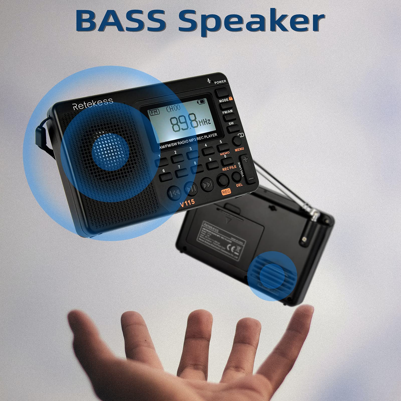 Retekess V115 Digital AM FM Radio Portable, Rechargeable Radio Digital Tuner, 9 Band Shortwave Radios, Support Micro SD Card and AUX Recording - Image 3
