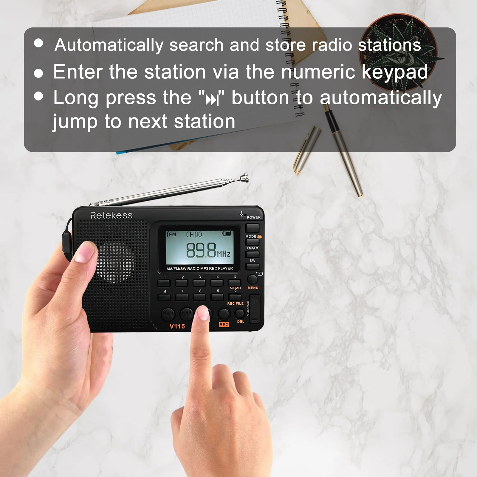 Retekess V115 Digital AM FM Radio Portable, Rechargeable Radio Digital Tuner, 9 Band Shortwave Radios, Support Micro SD Card and AUX Recording - Image 4