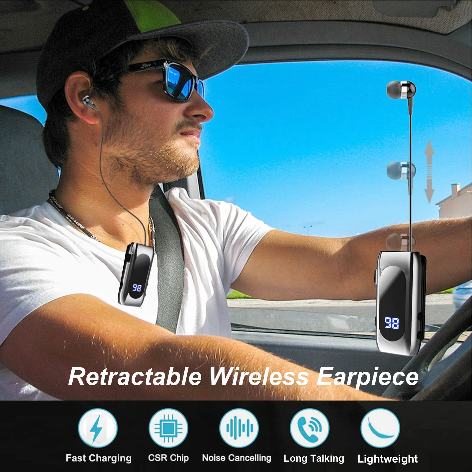 Retractable Wireless Headset Headphone Stereo Earphone V5.0 Noise Cancelling Mic Clip on Earpiece Comfortable HandsFree Headset 20Hrs Talking Time Sports Business Trucker Driver Earbud Light Gray - Image 2