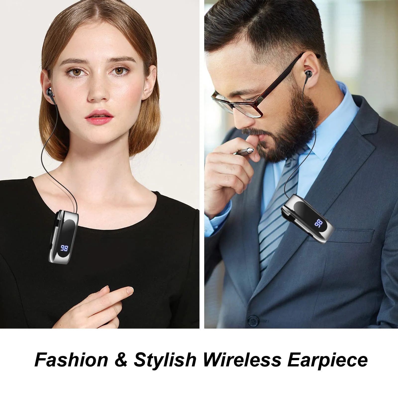 Retractable Wireless Headset Headphone Stereo Earphone V5.0 Noise Cancelling Mic Clip on Earpiece Comfortable HandsFree Headset 20Hrs Talking Time Sports Business Trucker Driver Earbud Light Gray - Image 3