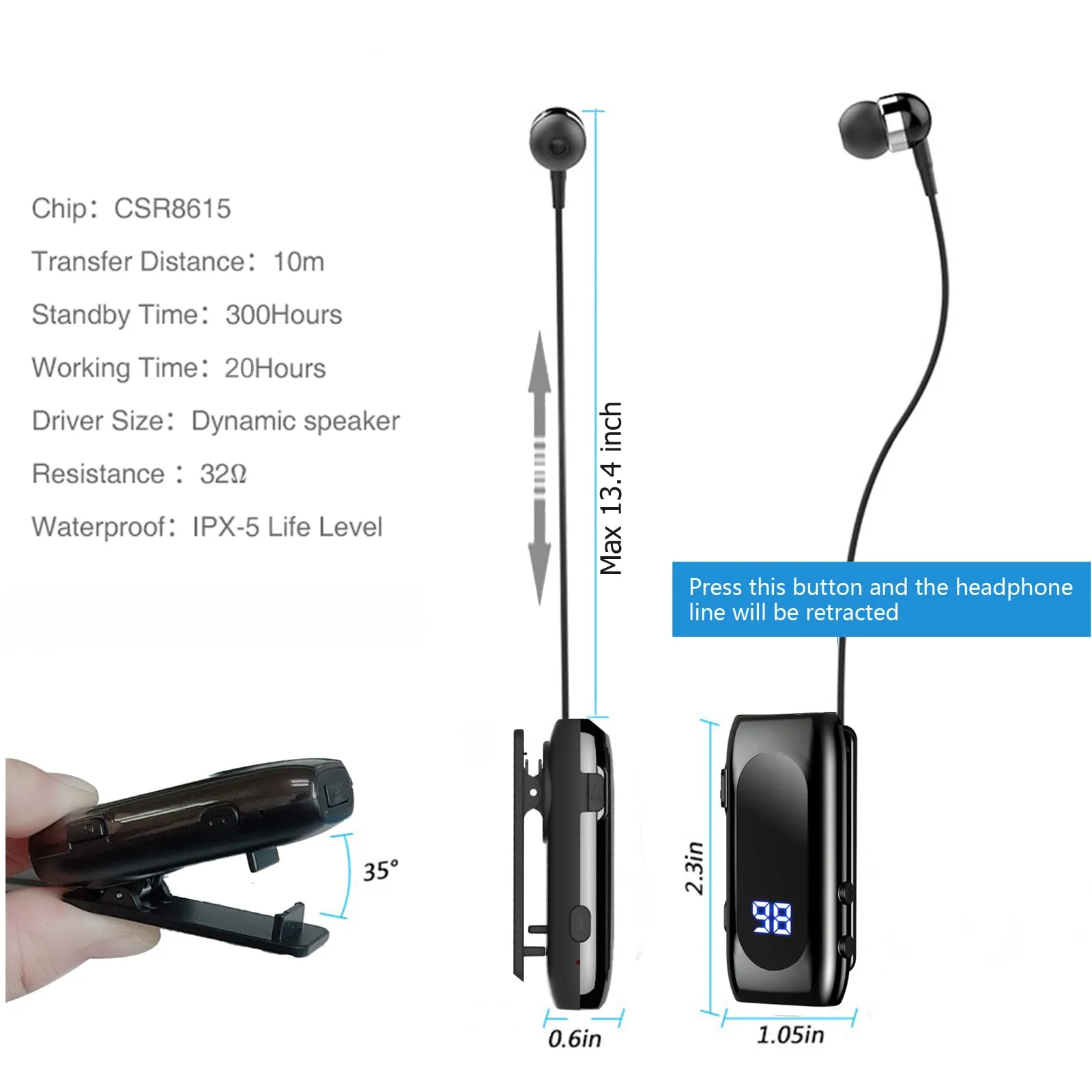 Retractable Wireless Headset Headphone Stereo Earphone V5.0 Noise Cancelling Mic Clip on Earpiece Comfortable HandsFree Headset 20Hrs Talking Time Sports Business Trucker Driver Earbud Light Gray - Image 5