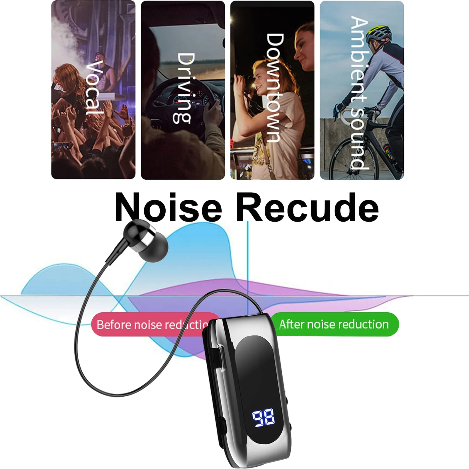 Retractable Wireless Headset Headphone Stereo Earphone V5.0 Noise Cancelling Mic Clip on Earpiece Comfortable HandsFree Headset 20Hrs Talking Time Sports Business Trucker Driver Earbud Light Gray - Image 7