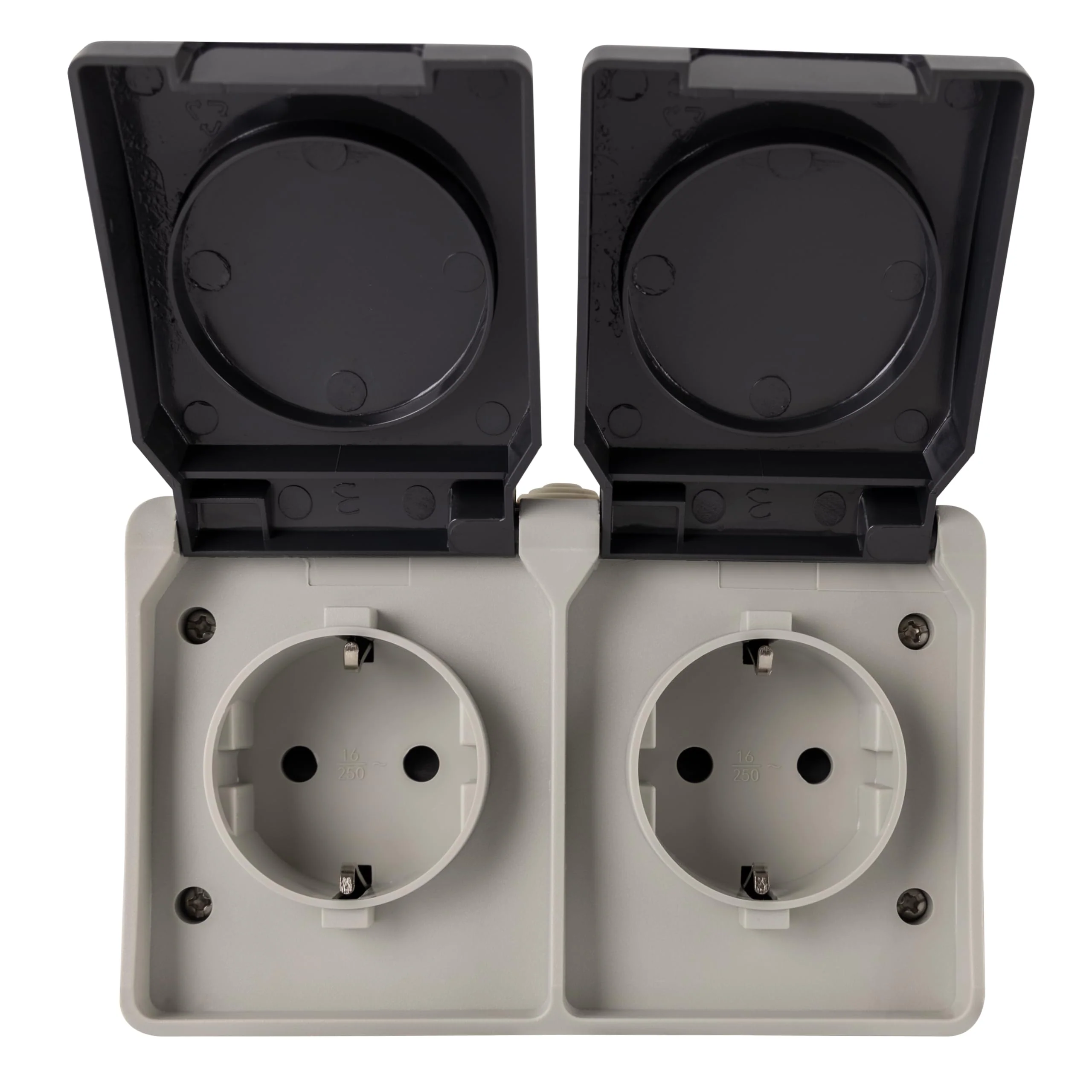 REV AquaBase 2-Way Wet Room Socket, 2-Pole, Splash-proof IP54, Horizontal, Surface-Mounted, Grey 1 x socket (2-way)