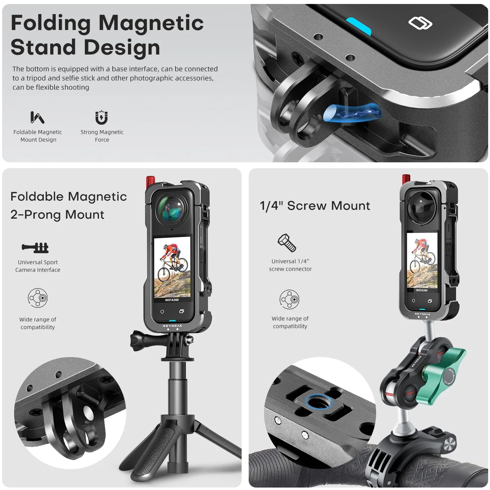 REYGEAK for insta-360 X4 Case, Aluminium Utility Frame for Insta360 X4,Protective Cage with Silicone Lens Cover,Cold Shoe Interface with 1/4" Threads Cold Shoe Mount Folding Fingers - Image 3