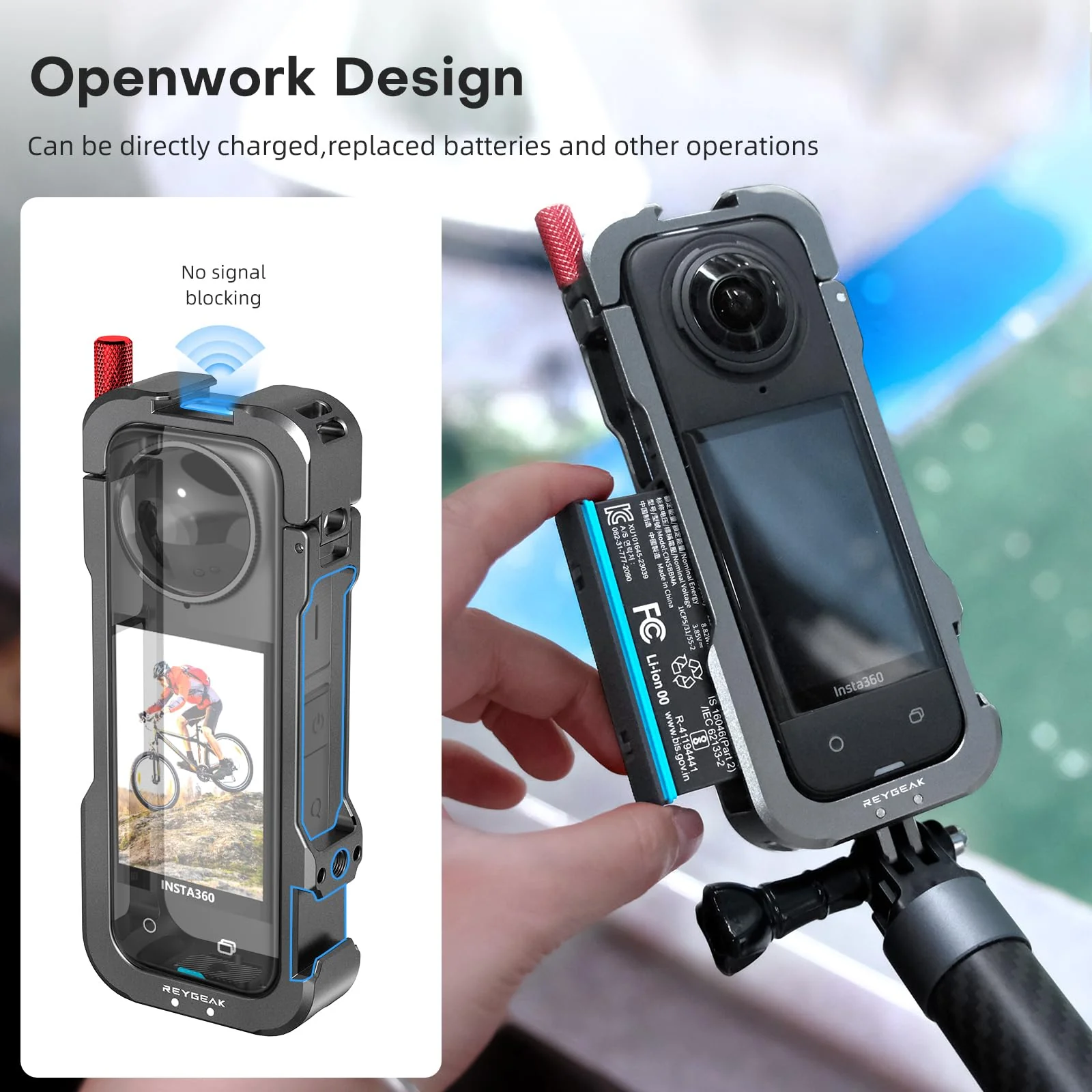 REYGEAK for insta-360 X4 Case, Aluminium Utility Frame for Insta360 X4,Protective Cage with Silicone Lens Cover,Cold Shoe Interface with 1/4" Threads Cold Shoe Mount Folding Fingers - Image 5